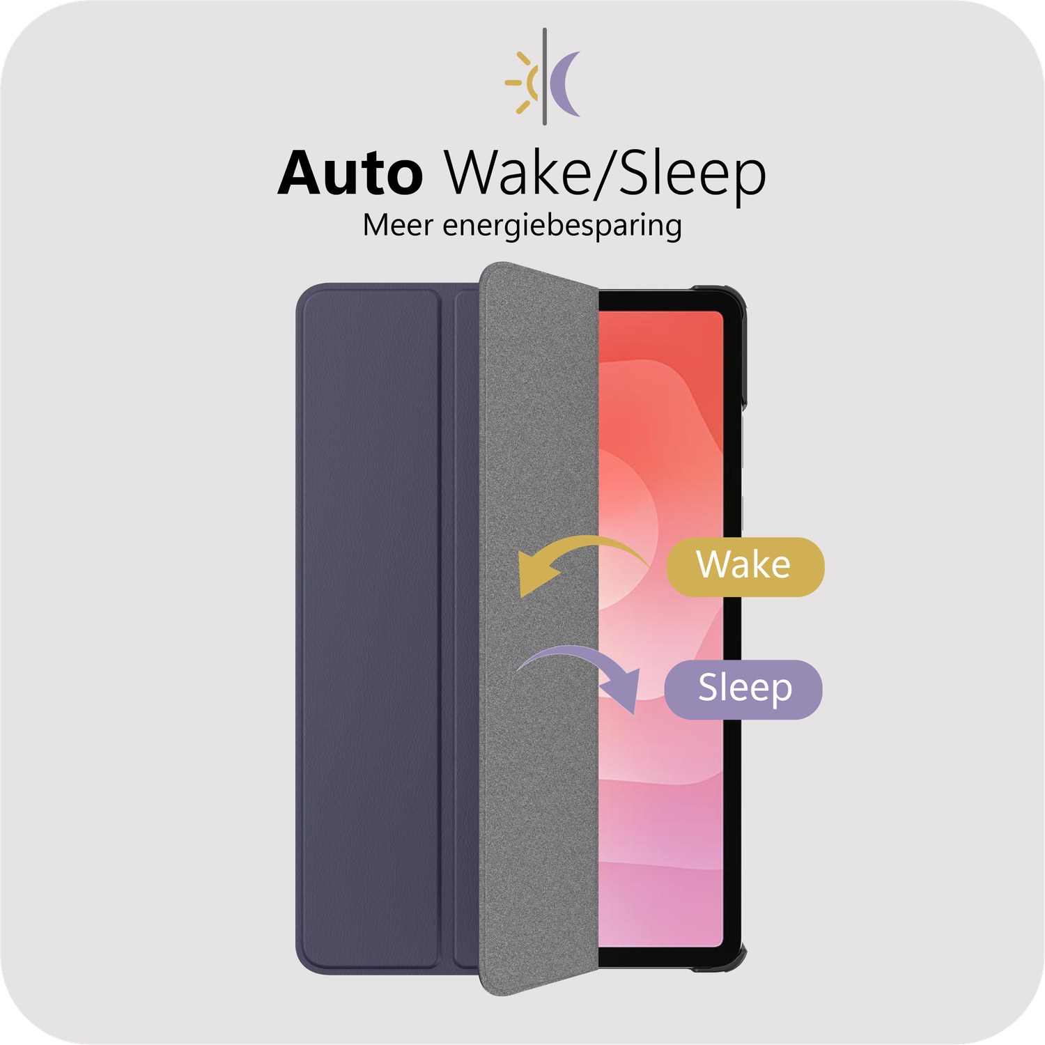 Tablet case with auto wake/sleep feature. Display shows pink and white. Arrows indicate wake and sleep. Text says 'Meer energiebesparing'.