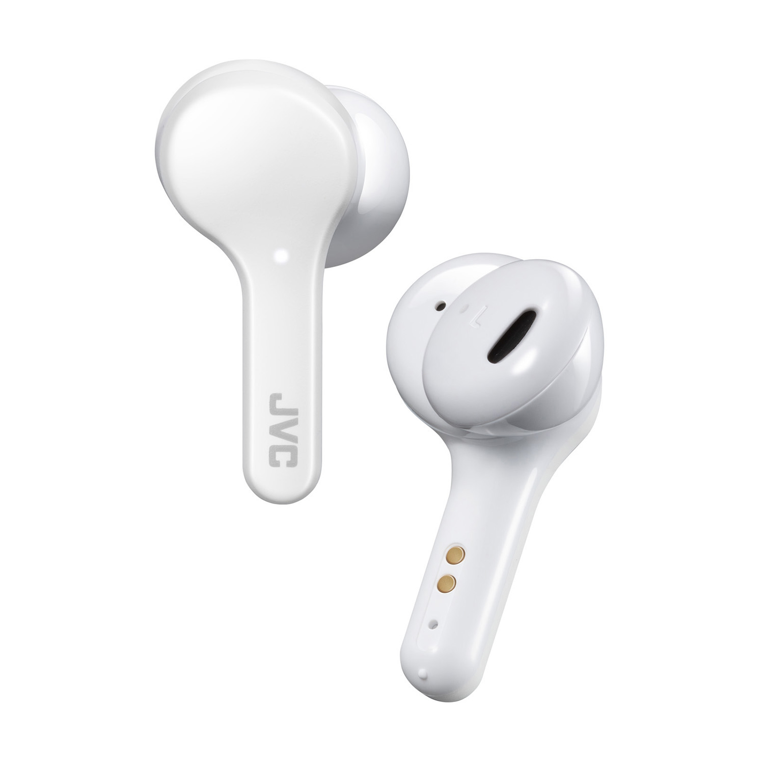 Due auricolari JVC bianche su sfondo bianco. Uno mostra 'JVC' e l'altro ha due punti dorati e un foro.
