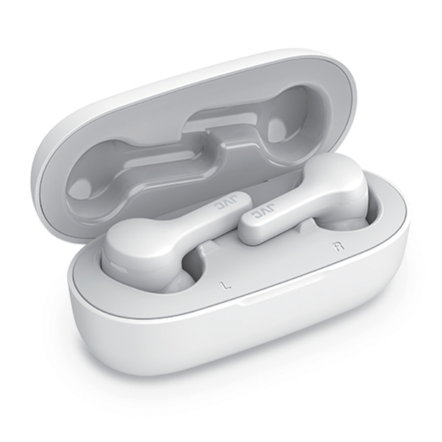 Auricolari JVC bianchi in una custodia di ricarica bianca aperta. La custodia e gli auricolari sono su sfondo bianco. Sono contrassegnati 'L' e 'R'.