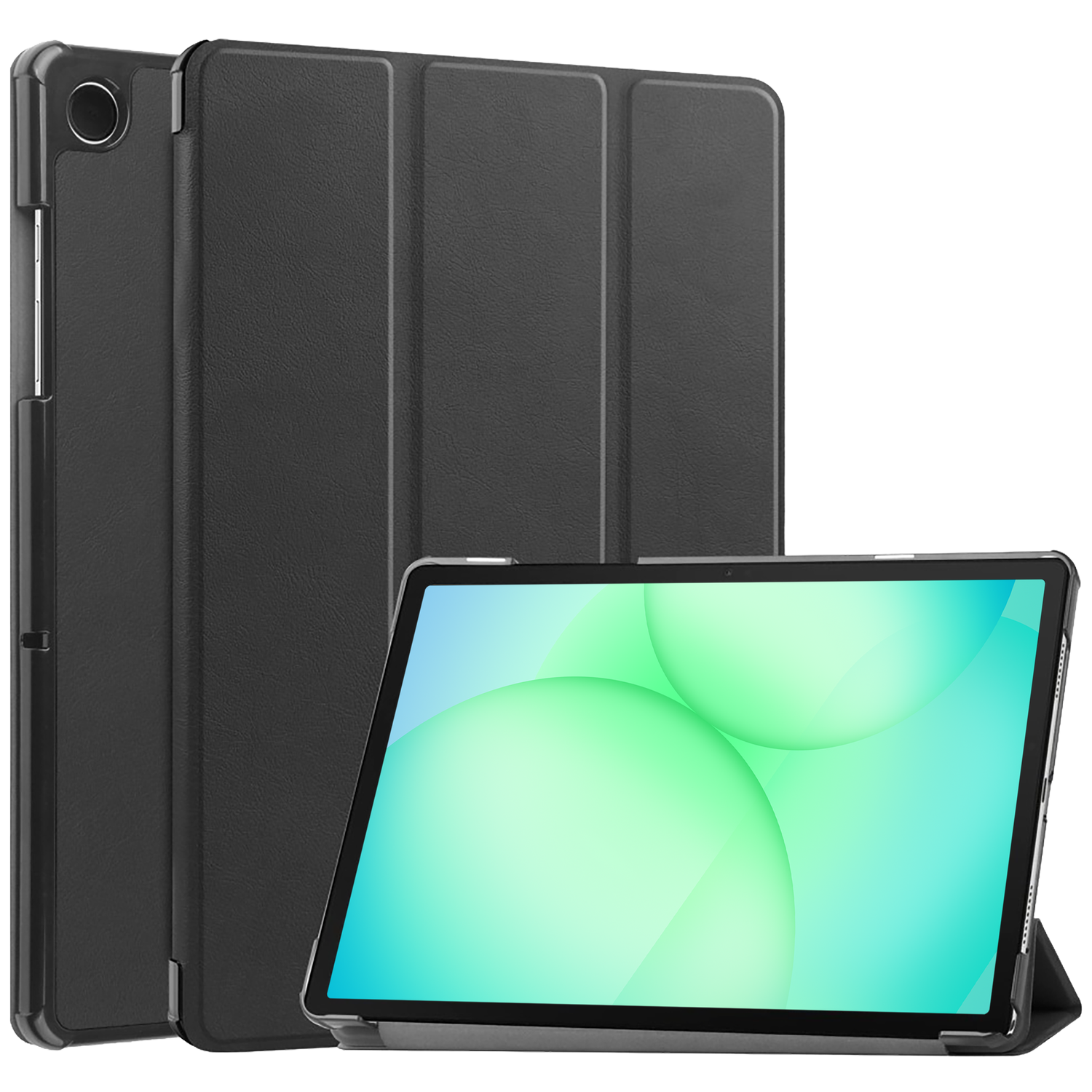 Een zwarte tablet met hoes wordt getoond. Het scherm toont abstracte groene en blauwe vormen. Er staat nog een hoes achter.