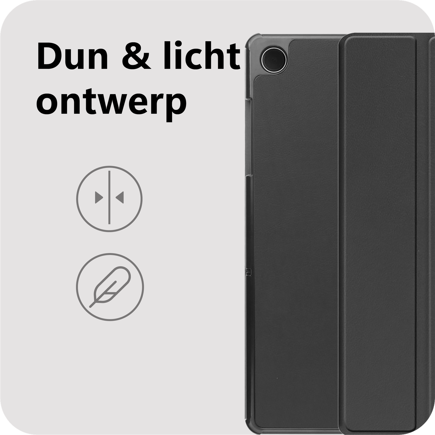 Zwarte tablet in hoes. Tekst: 'Dun & licht ontwerp' met pijlen- en veerpictogrammen.