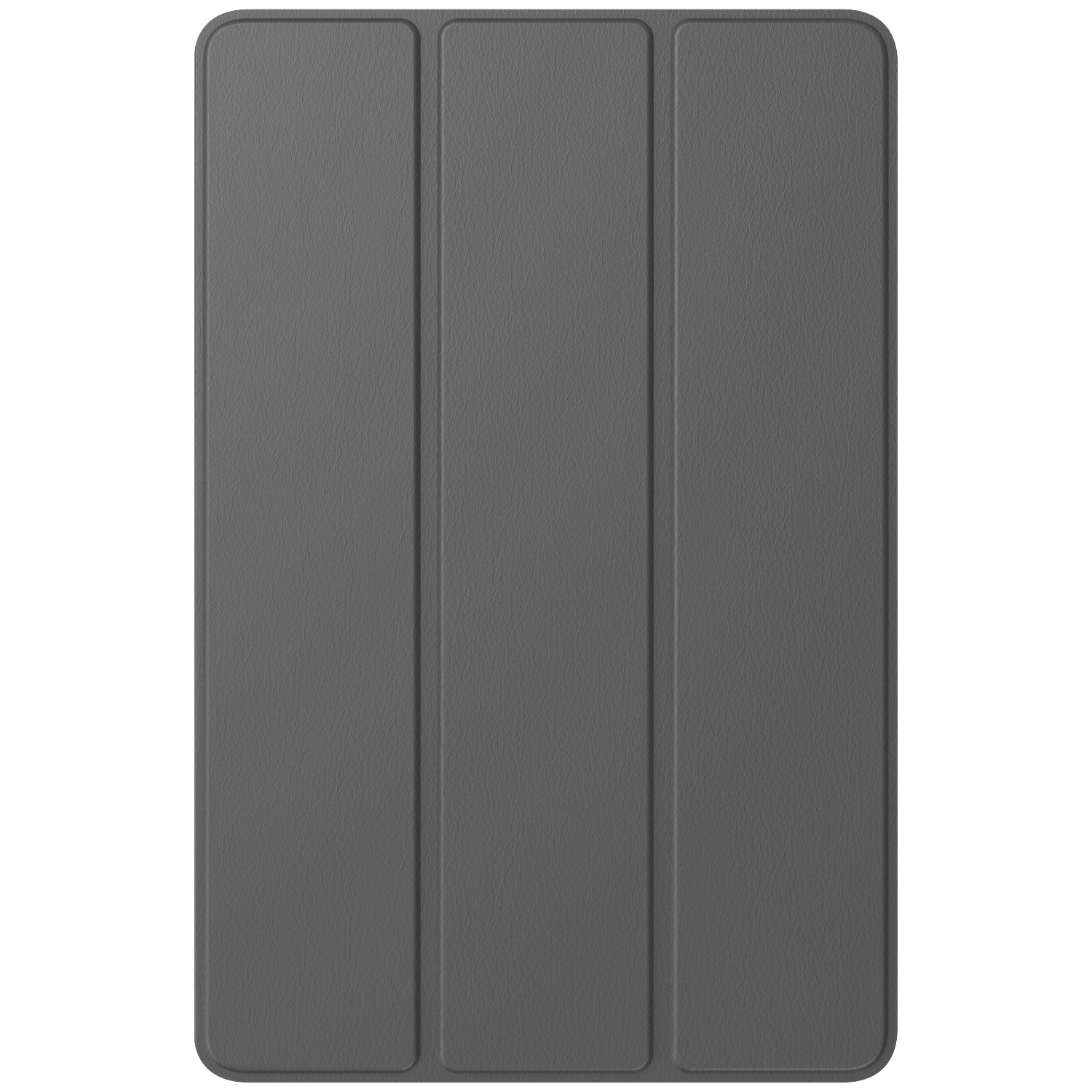 A gray tablet case with a textured surface. It is rectangular with rounded corners, divided into three sections by vertical lines.