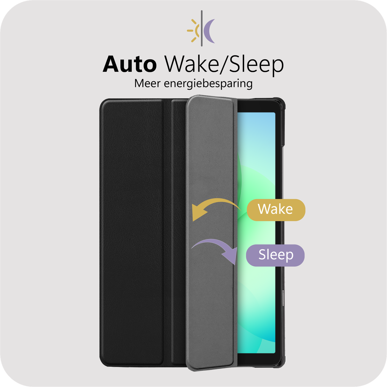 Tablethoes met automatische wake/sleep-functie. Open hoes toont tabletscherm. Tekst: Auto Wake/Sleep. Pijlen geven acties aan.