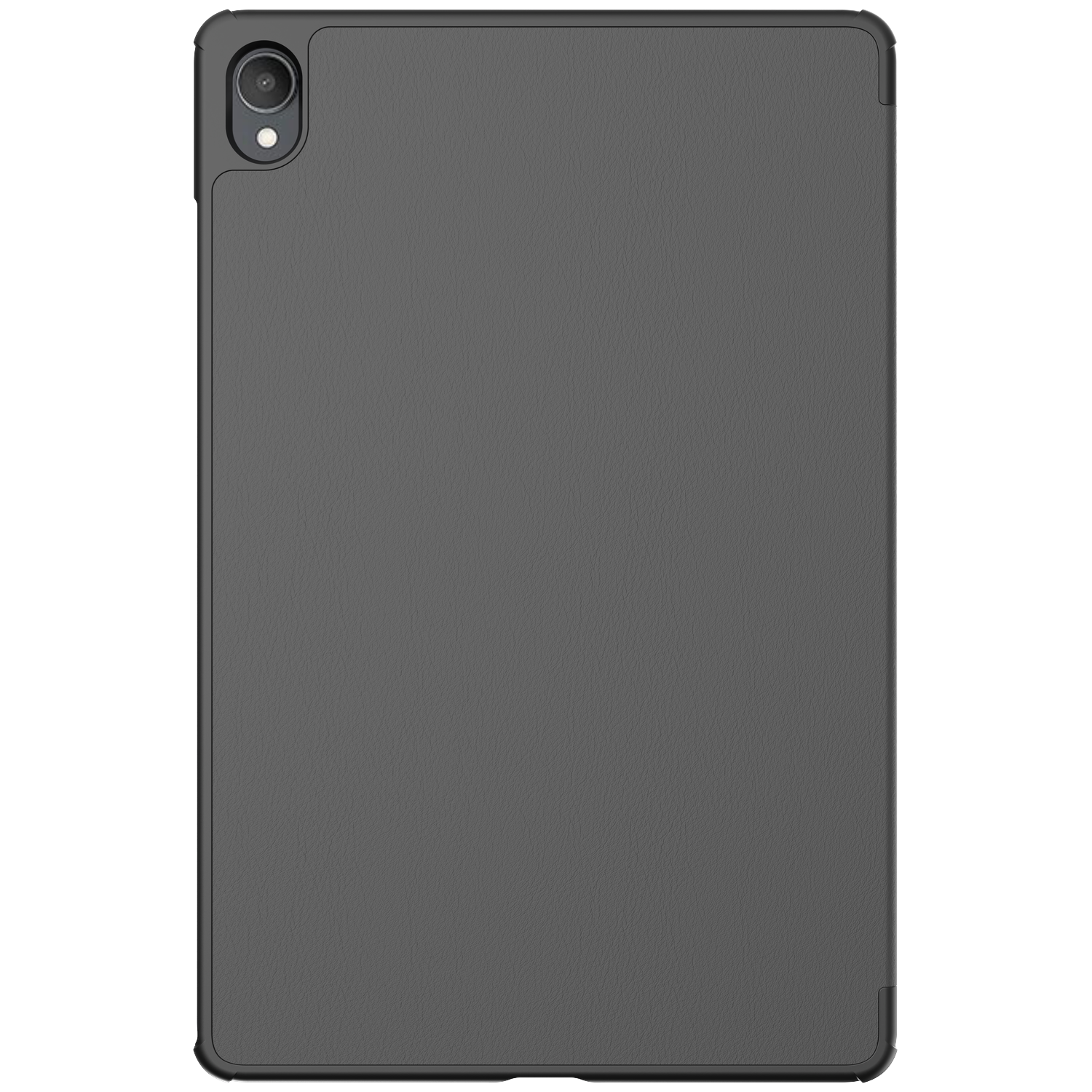 A gray tablet case with a camera module on the top left. The case has a textured surface.