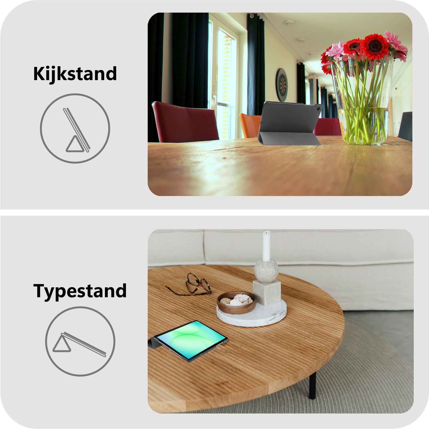 Boven: Tablet op een houten tafel met bloemen. Onder: Tablet op een houten tafel, brillen, schelpen en een kandelaar.