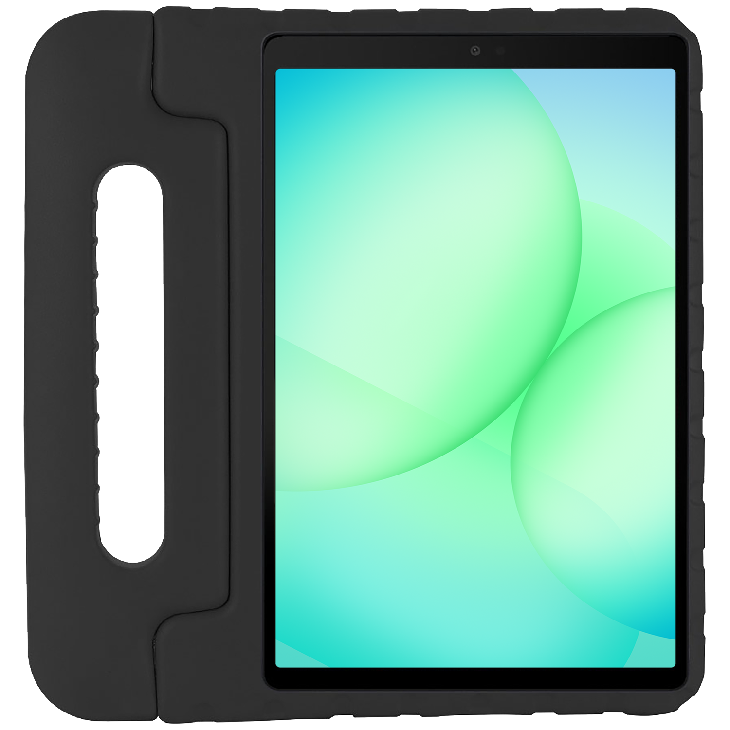 A black tablet in a protective case. The screen displays green and blue abstract shapes. A handle is on the left side.