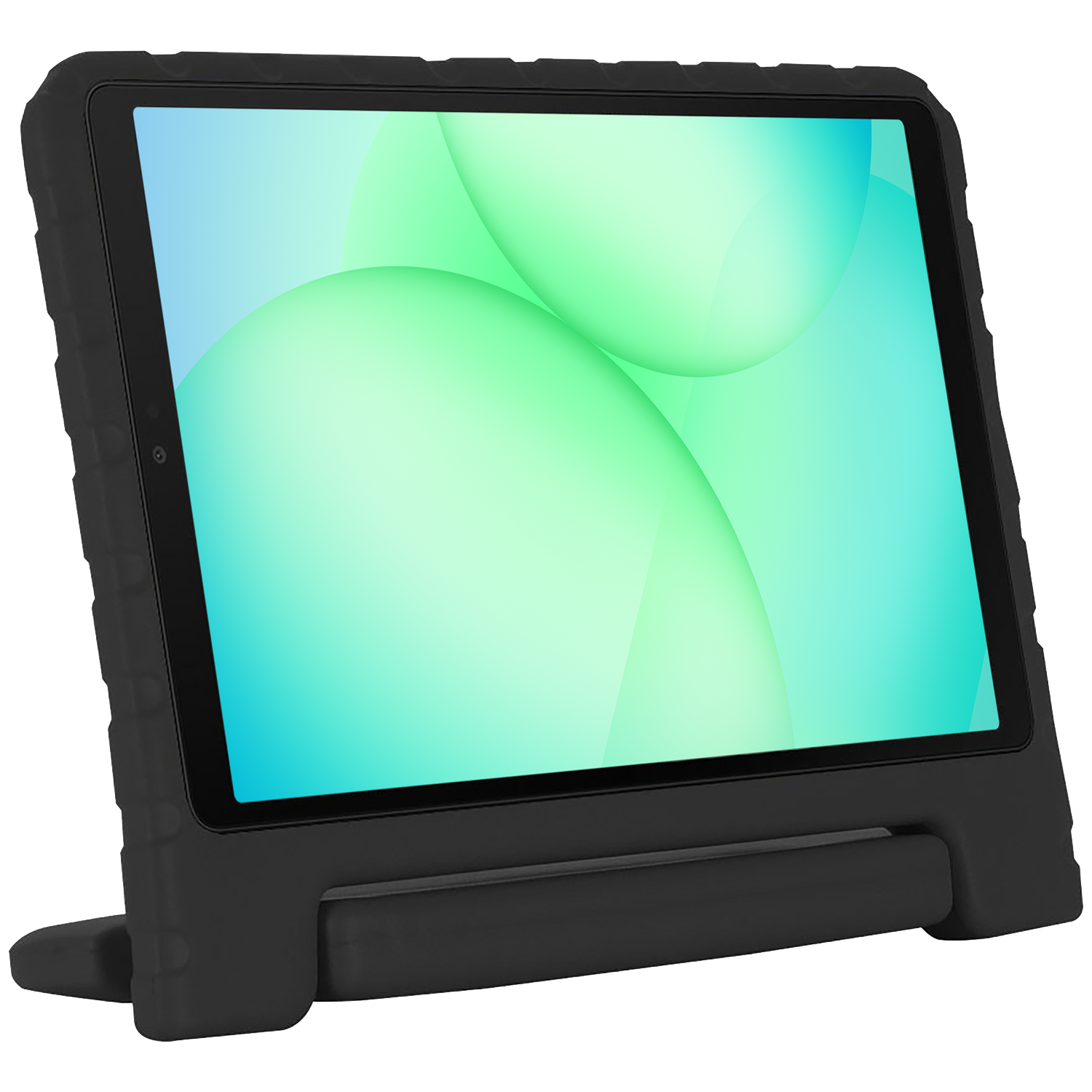 A black tablet in a protective case. The screen displays green and white abstract shapes. The case has a stand.