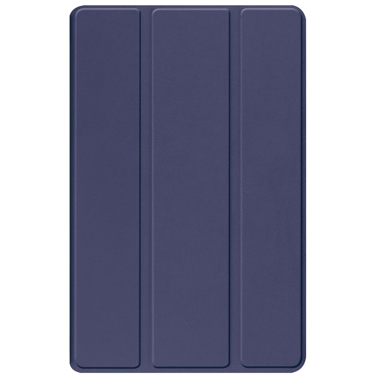 Een marineblauwe tablethoes, rechthoekig met drie verschillende secties. De hoes is gesloten en op een witte achtergrond.