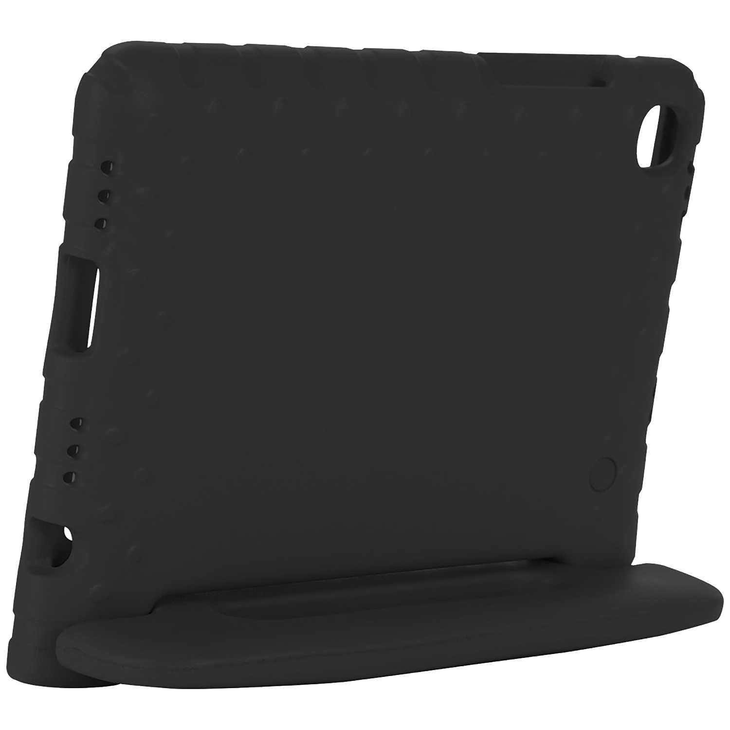 A black tablet case with a stand. The case has a textured surface and cutouts for ports and buttons. It is on a white background.