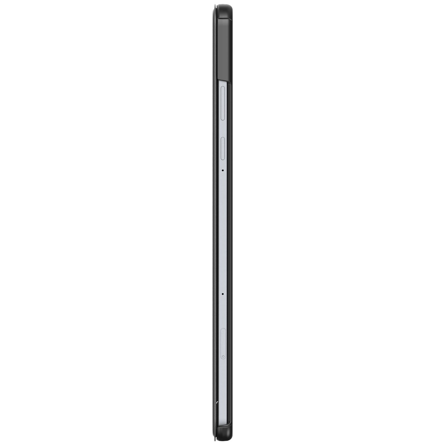 Side view of a black smartphone. Buttons and a SIM card tray are visible on the side. The screen is not visible.