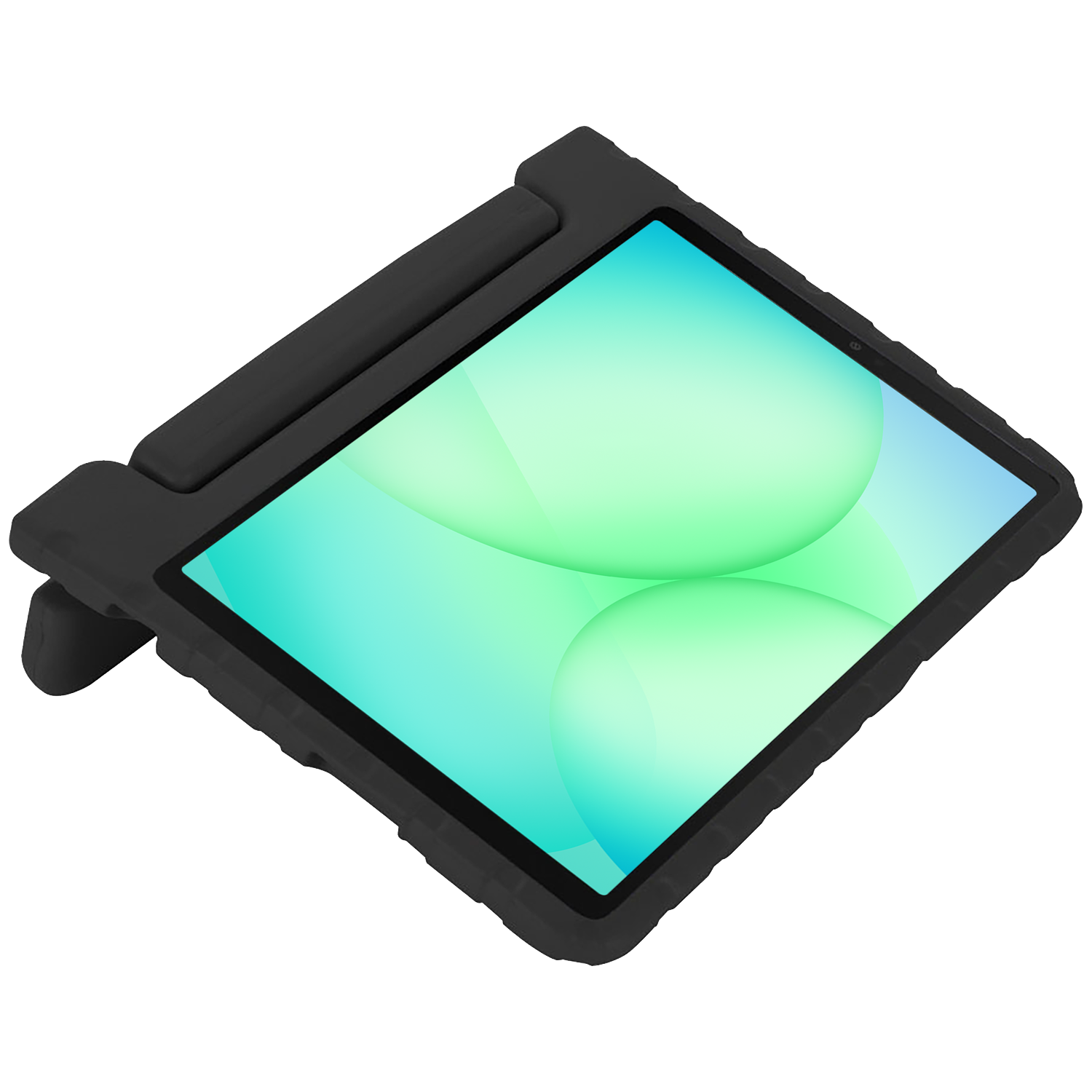 A black tablet in a protective case. The screen displays a gradient of green and blue. The case has a handle and is on a white background.