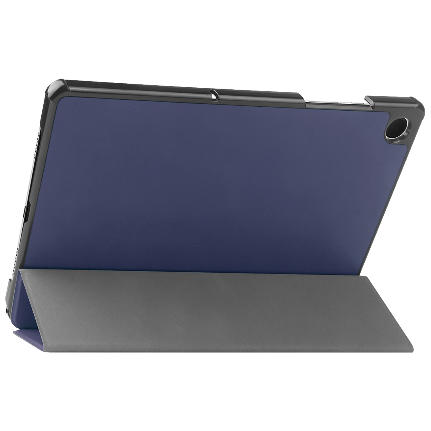Een tablet in een donkerblauwe hoes, ondersteund door een grijze cover. De hoes heeft een zwart frame. De achtergrond is wit.