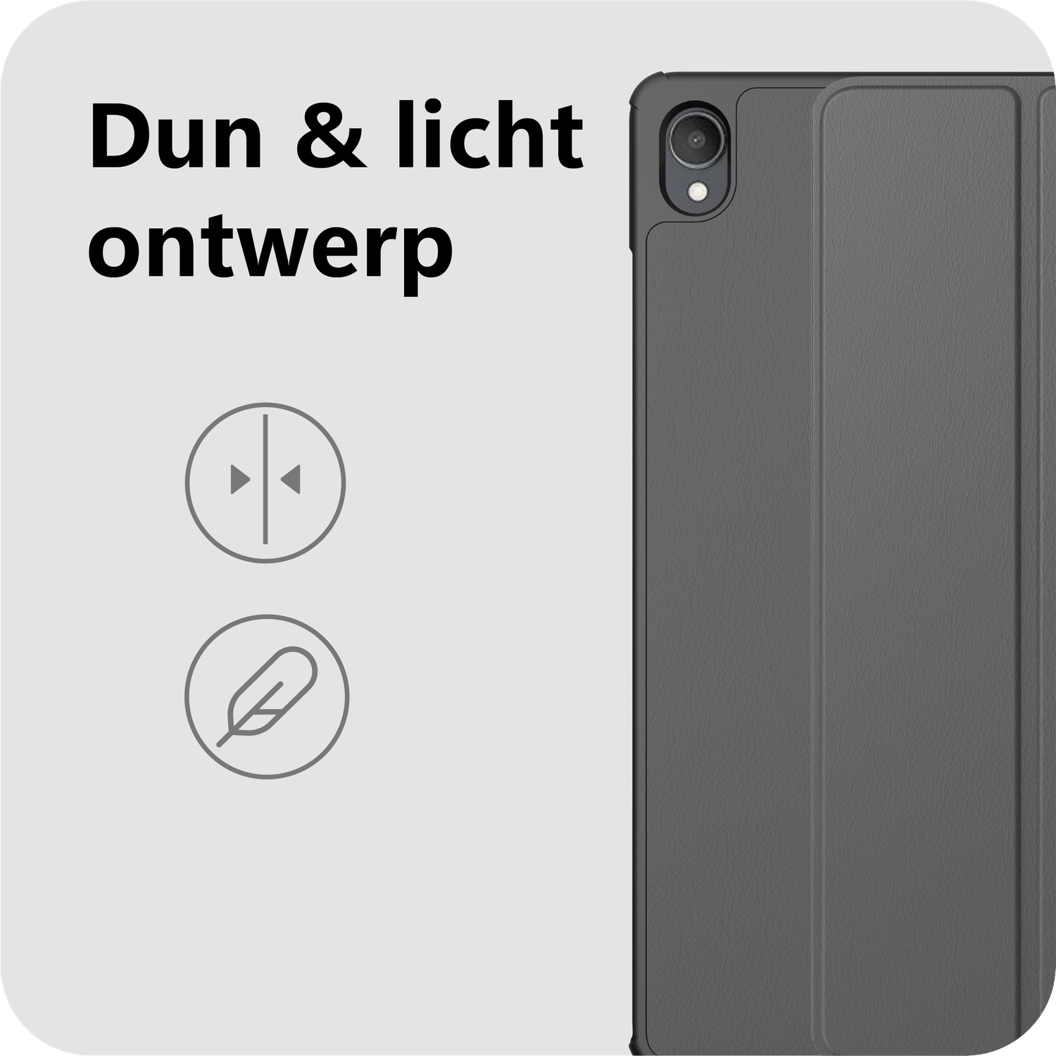Image shows a tablet case and icons. Text says 'Thin & light design'. The case is gray with a camera. Two icons are also present.