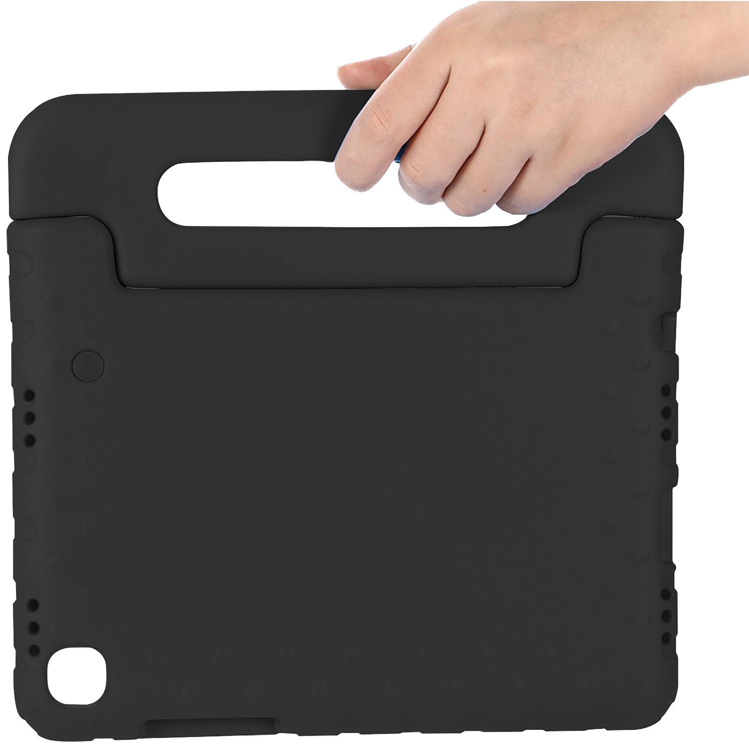 A black tablet case with a handle is held by a hand. The case has a handle and is designed to protect a tablet.