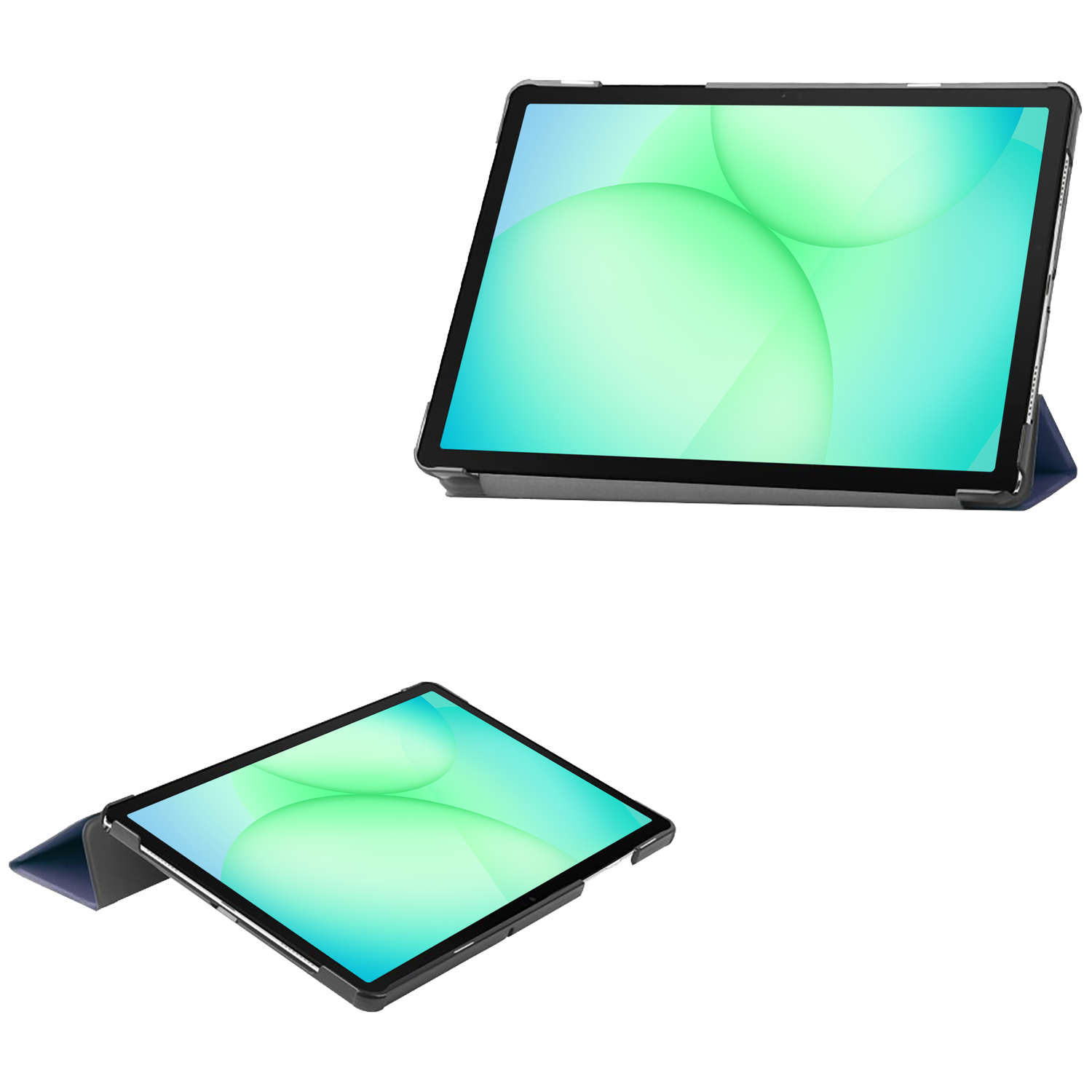 Twee tablets, een rechtop, een schuin, beide in hoesjes. Schermen tonen groene en blauwe bellen. Geïsoleerd.
