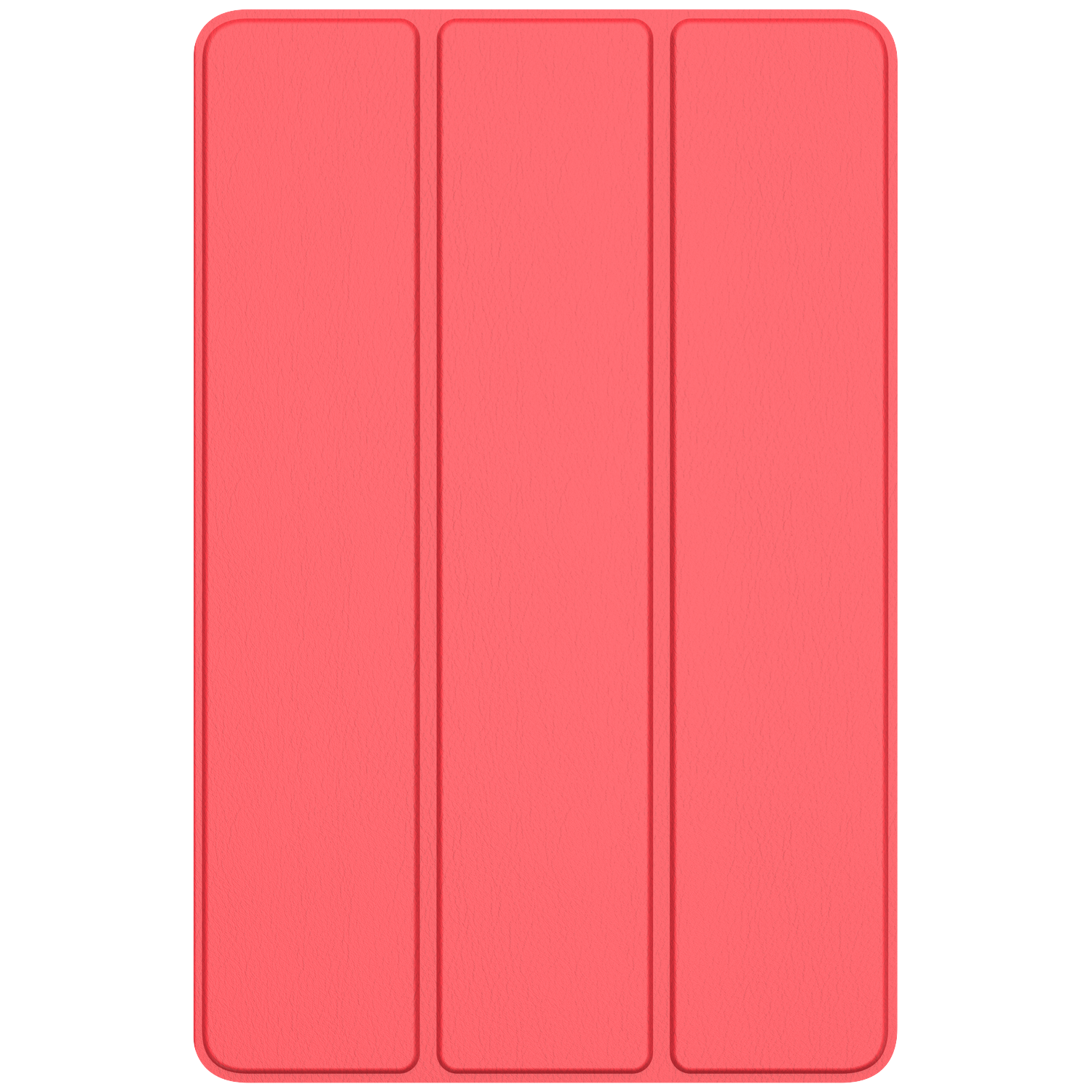 A red tablet case, folded. The case has three sections and a textured surface. The background is plain white.