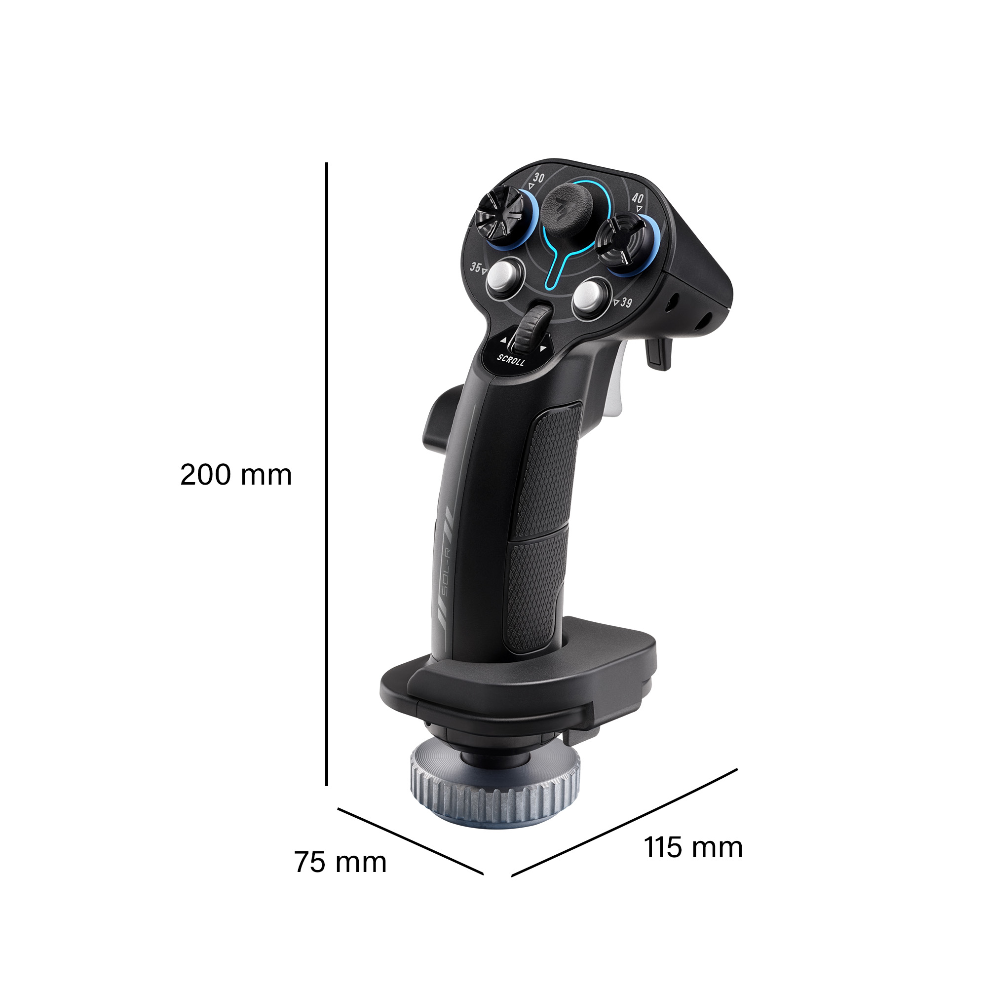 Ein schwarzer Flug-Joystick mit Knöpfen und Drehreglern wird gezeigt. Abmessungen sind beschriftet: 200 mm, 75 mm und 115 mm.