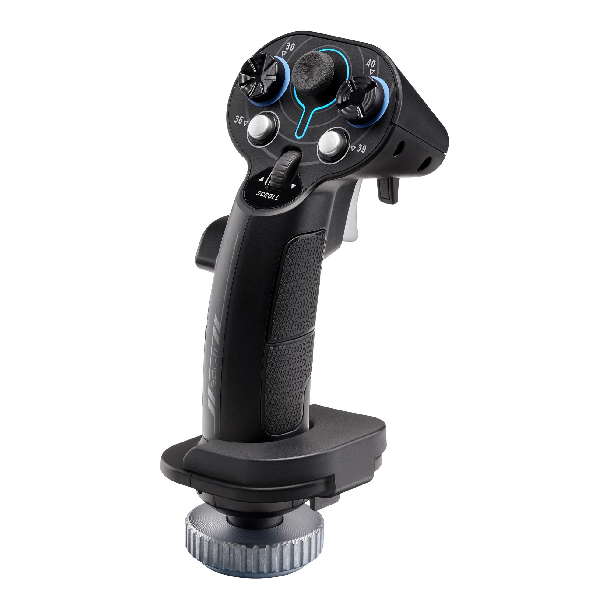 Schwarzer Joystick mit Knöpfen und Scrollrad. Die Basis hat einen Metallring. Die Zahlen 30, 35, 39 und 40 sind sichtbar.