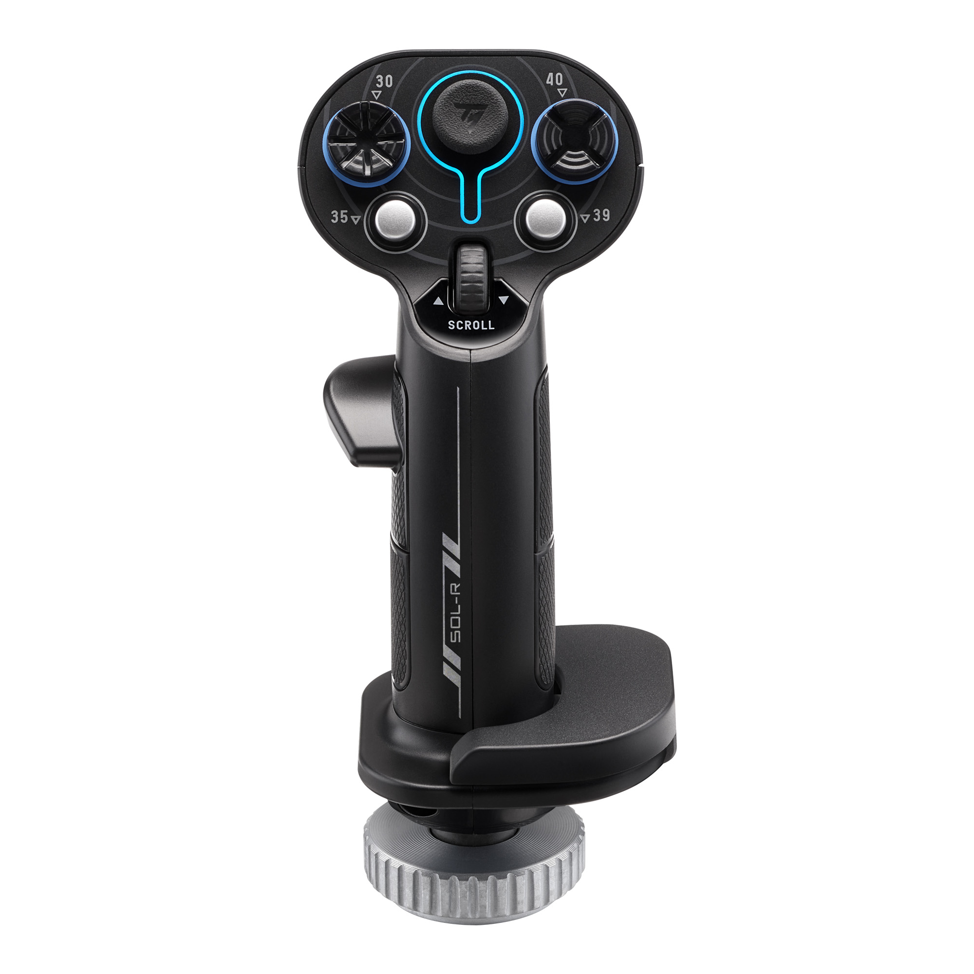 Schwarzer Joystick mit Knöpfen, Scrollrad und Sockel. Blaue und weiße Akzente. SOL-R-Branding.