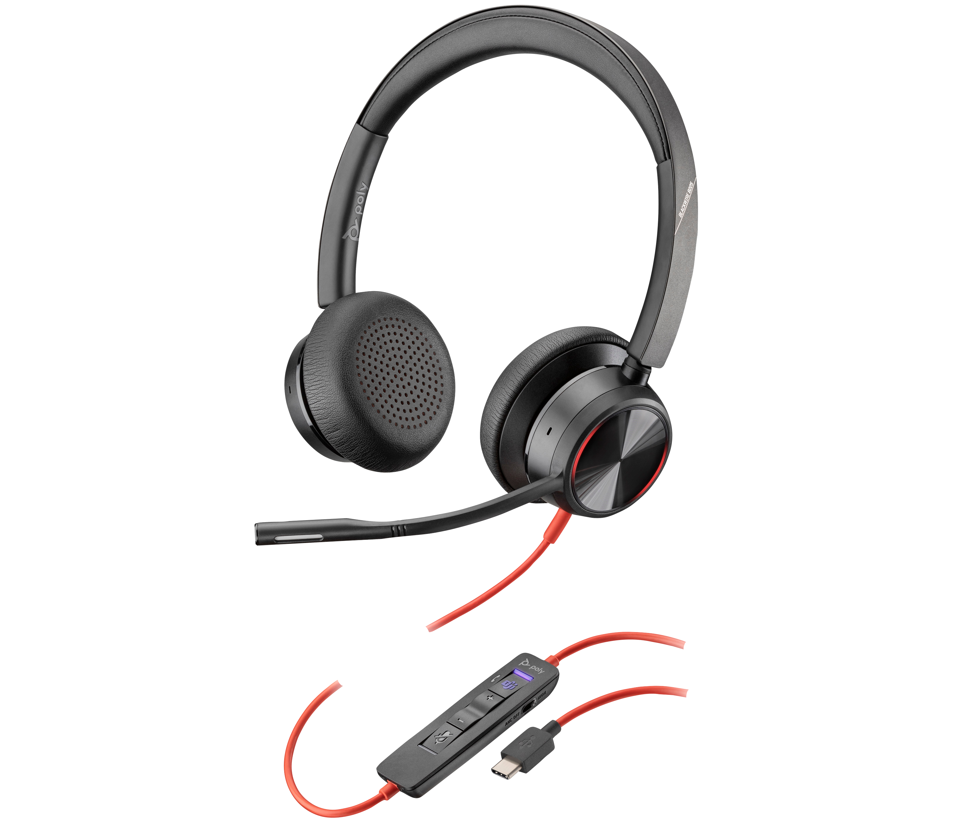Schwarzes Headset mit rotem Kabel und Steuermodul auf weißem Hintergrund. Mit Mikrofon und USB-C-Anschluss.
