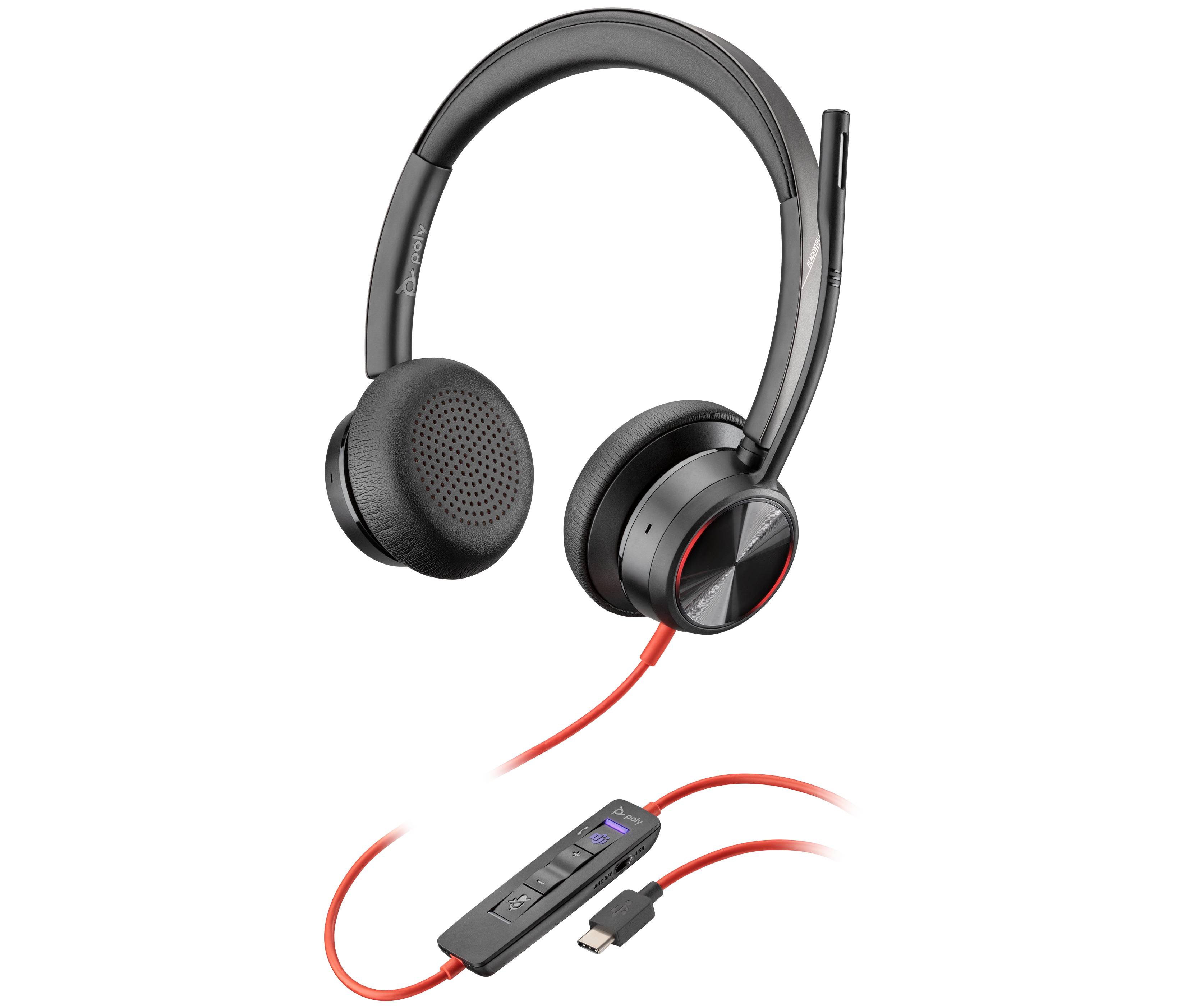 Schwarzes Headset mit roten Akzenten, verbunden mit einer Steuereinheit und USB-C. Das Headset hat ein Mikrofon.