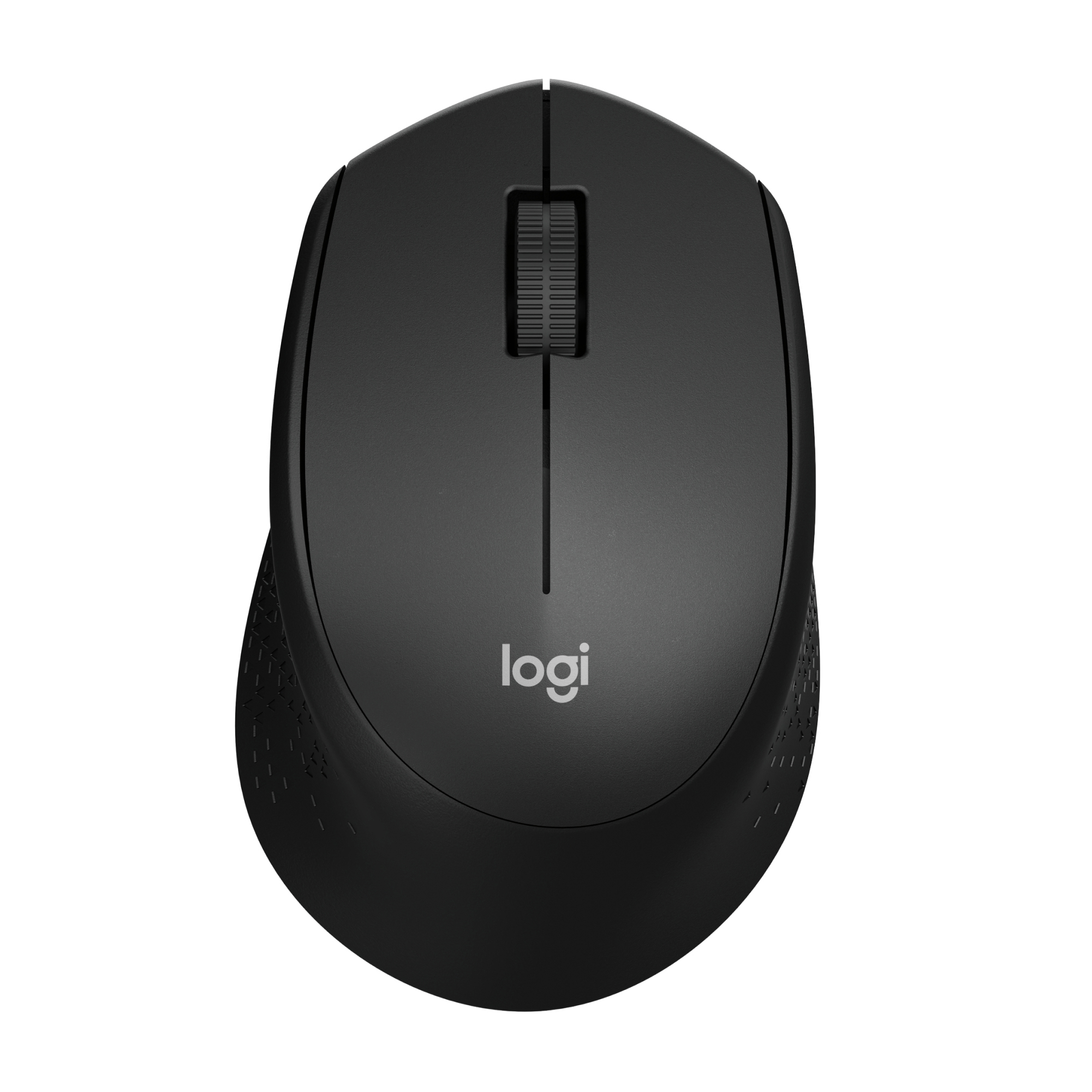 Eine schwarze kabellose Logitech-Maus auf weißem Hintergrund. Mit Scrollrad und Logitech-Logo.