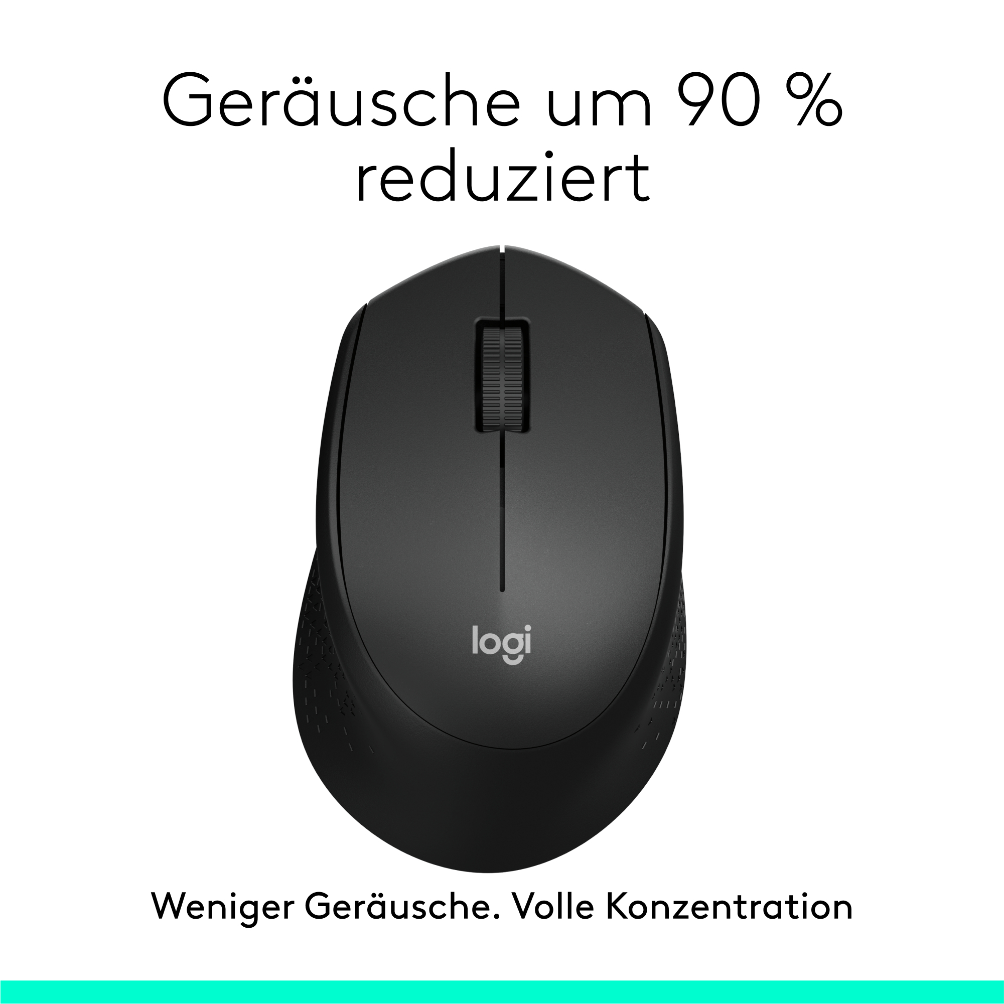 Schwarze Logitech-Maus auf weißem Hintergrund. Text oben: Geräusche um 90 % reduziert. Text unten: Weniger Geräusche, volle Konzentration.