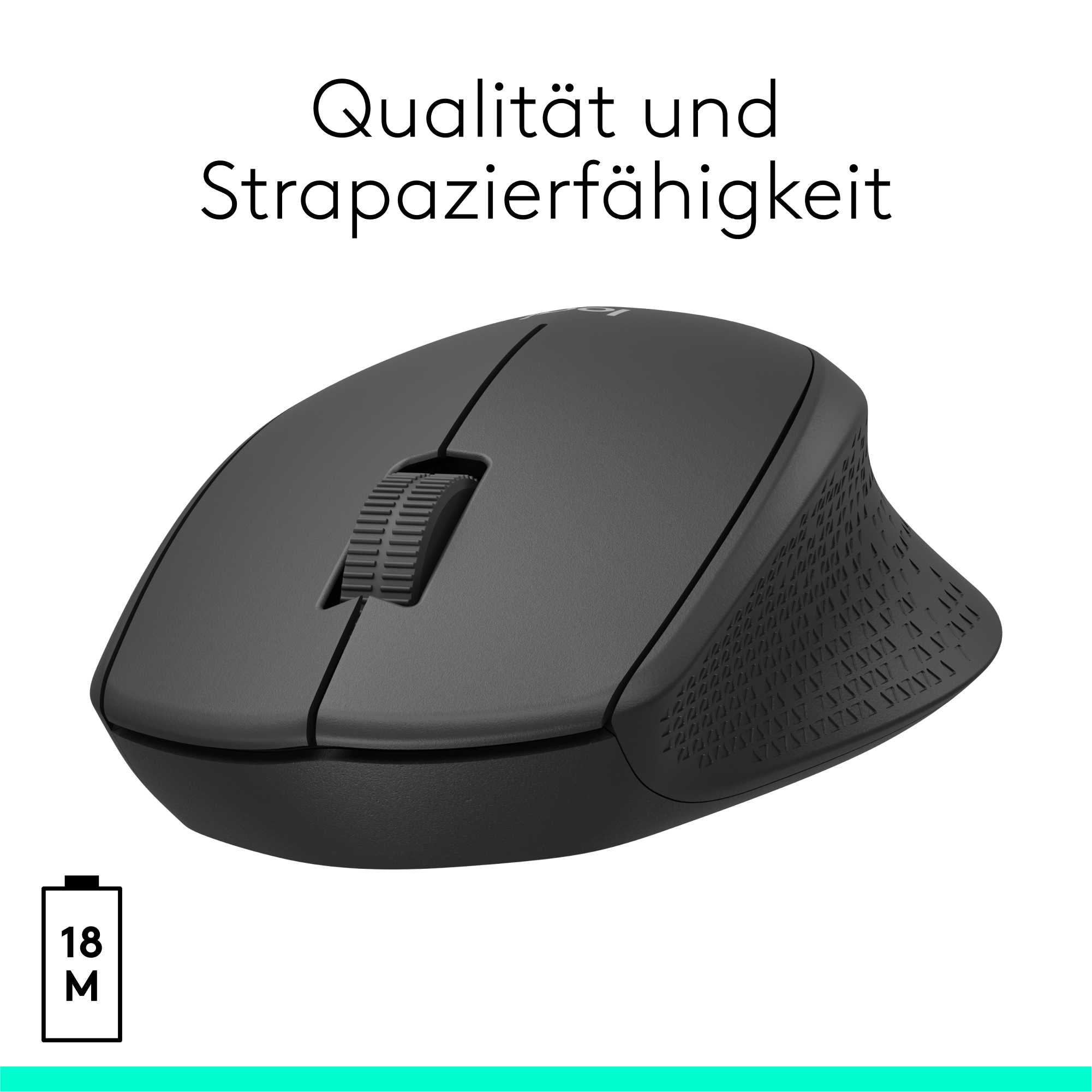 Eine schwarze kabellose Computermaus mit einem Scrollrad auf weißem Hintergrund. Text auf Deutsch steht über der Maus.