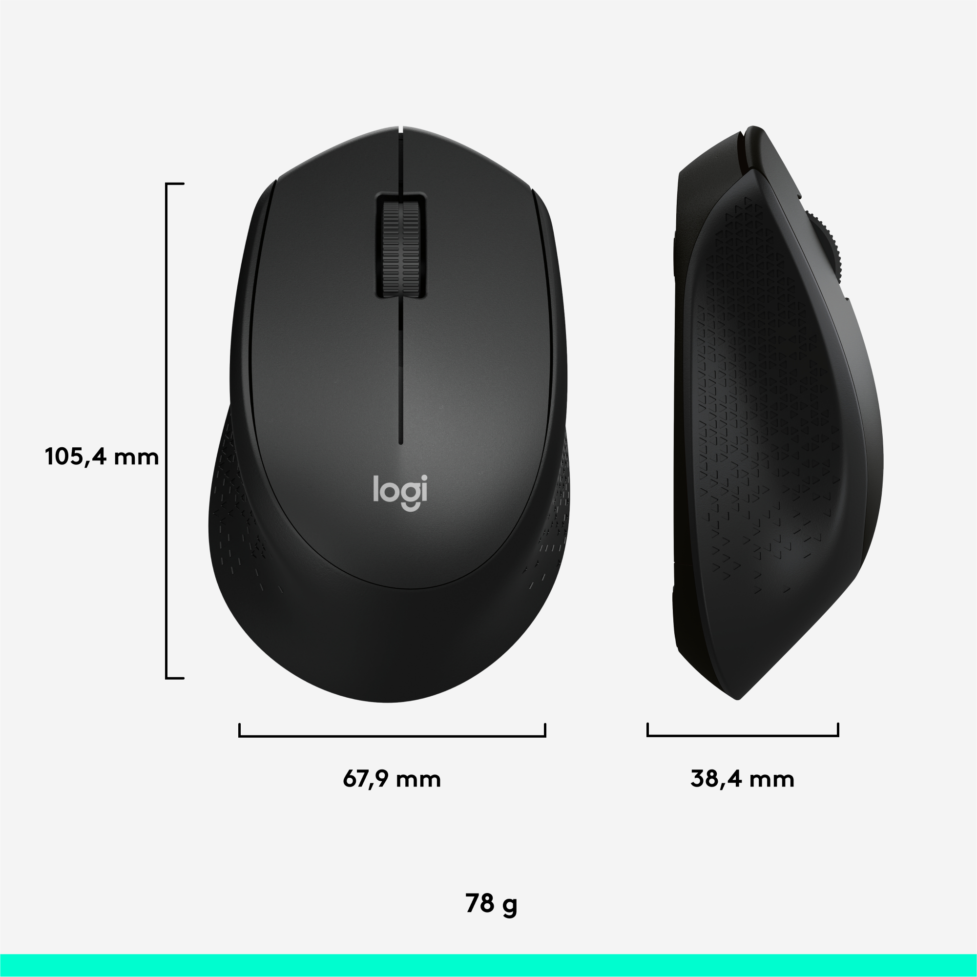 Schwarze Logitech-Maus mit Abmessungen und Gewicht. Zwei Ansichten zeigen die Ober- und Seitenansicht. Maße in mm und Gramm.