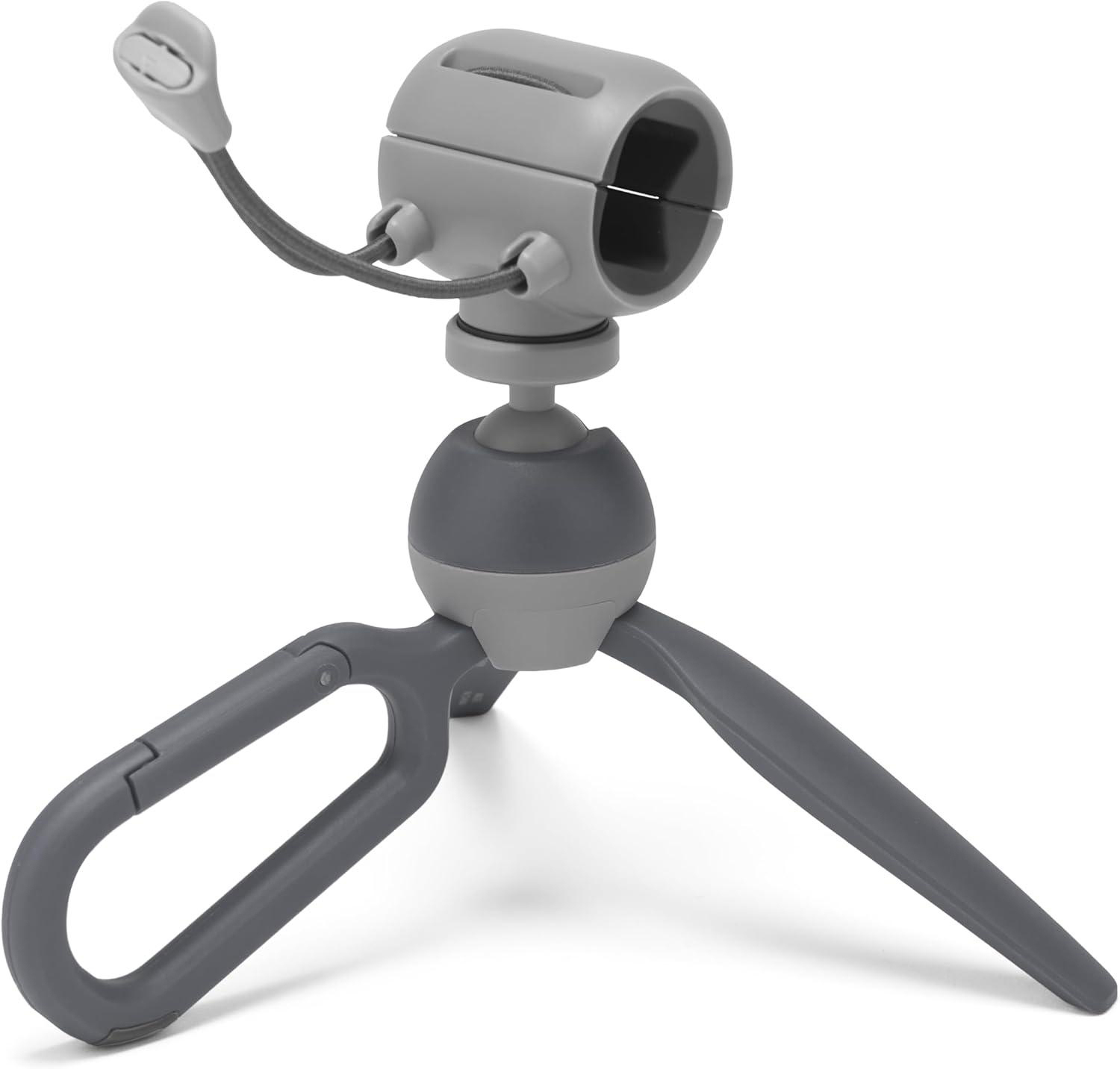 Ein graues Stativ mit einem karabinerartigen Griff und einem flexiblen Arm. Es hat drei Beine und einen Kugelkopf.