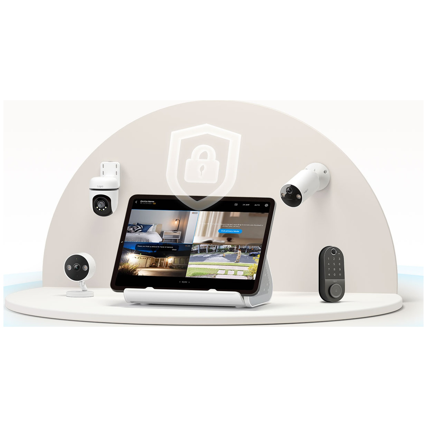 A tablet displays security camera feeds. Security cameras, a keypad, and a smart lock are arranged around the tablet on a white platform.
