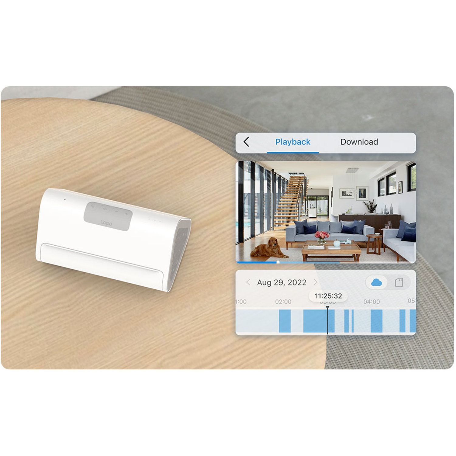 A white 'tapo' device on a wooden table. A screen shows video playback with date Aug 29, 2022, and a living room scene.