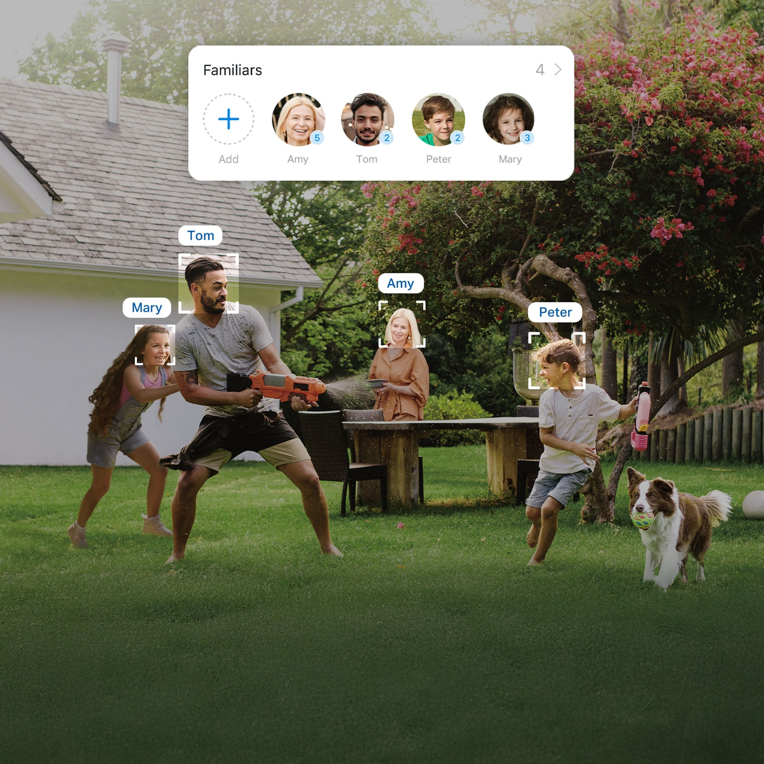 Family playing with water guns and a dog in a green yard. A house and trees are in the background. A UI shows family members.