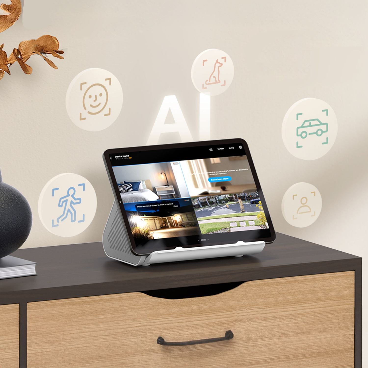 Tablet displaying home security views, sitting on a dresser with icons of face, dog, car, person, and person. AI is written on the wall.