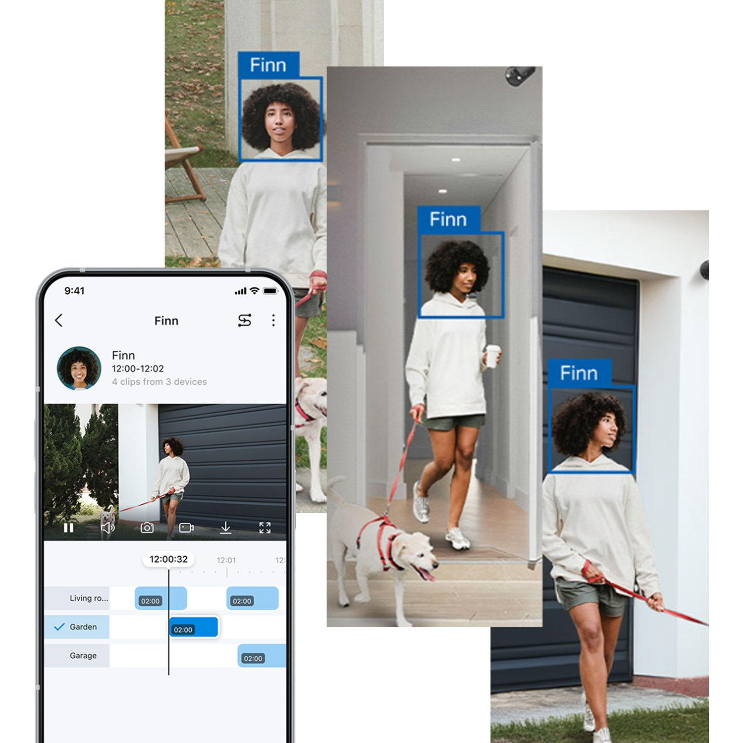 A woman walks a white dog. A phone shows a video clip of the same scene. The woman is wearing a white hoodie and shorts.