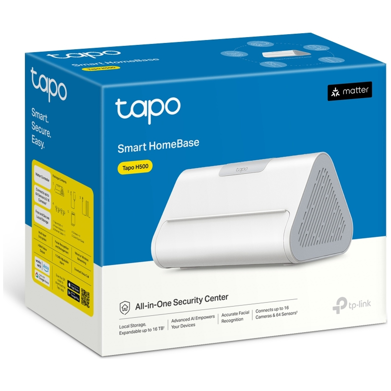 A white Tapo Smart HomeBase box with a product image. Features include local storage, AI, and connections up to 16 cameras.