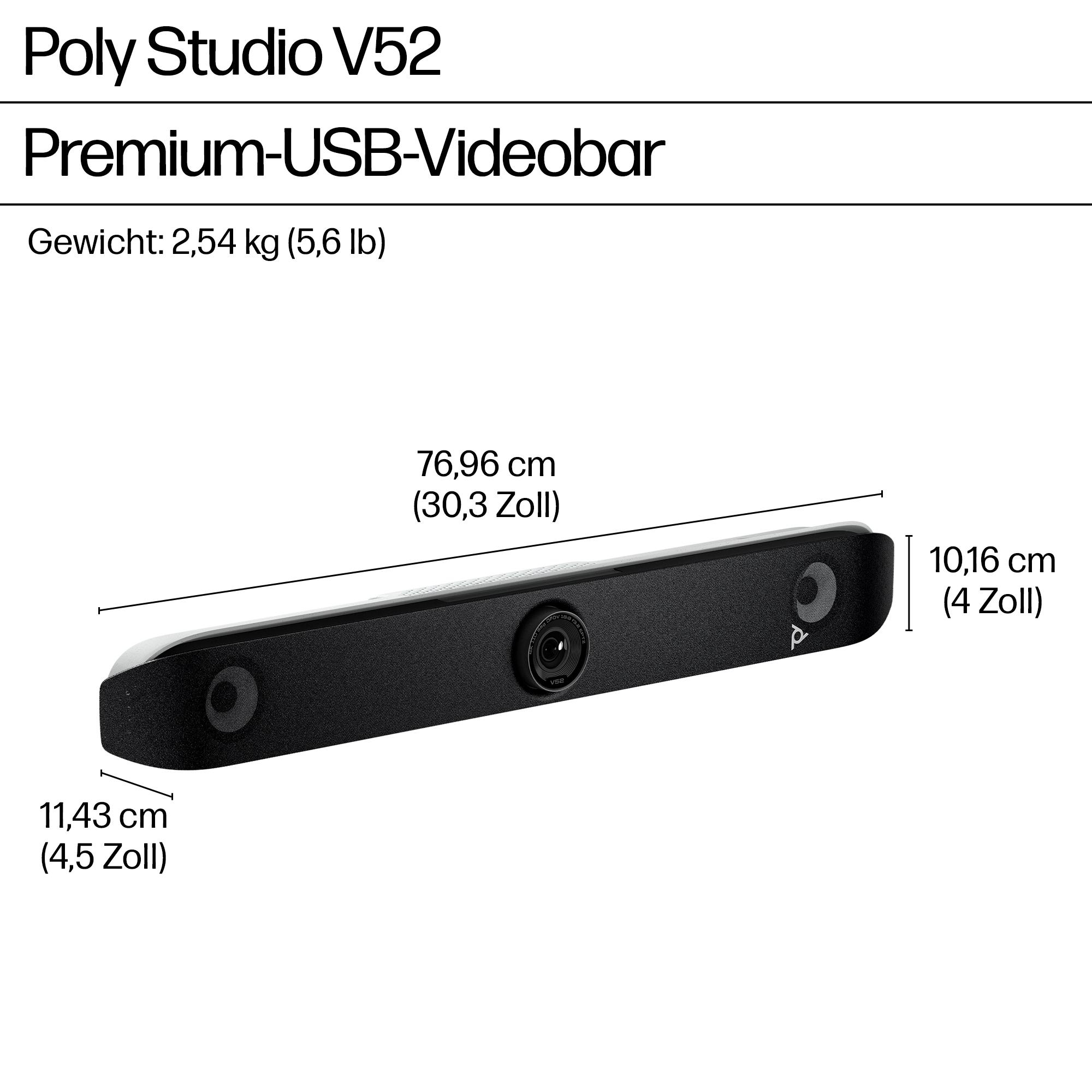 Schwarze Poly Studio V52 Videobar mit Kamera, Abmessungen beschriftet. Text: Premium-USB-Videobar, Gewicht 2,54 kg.