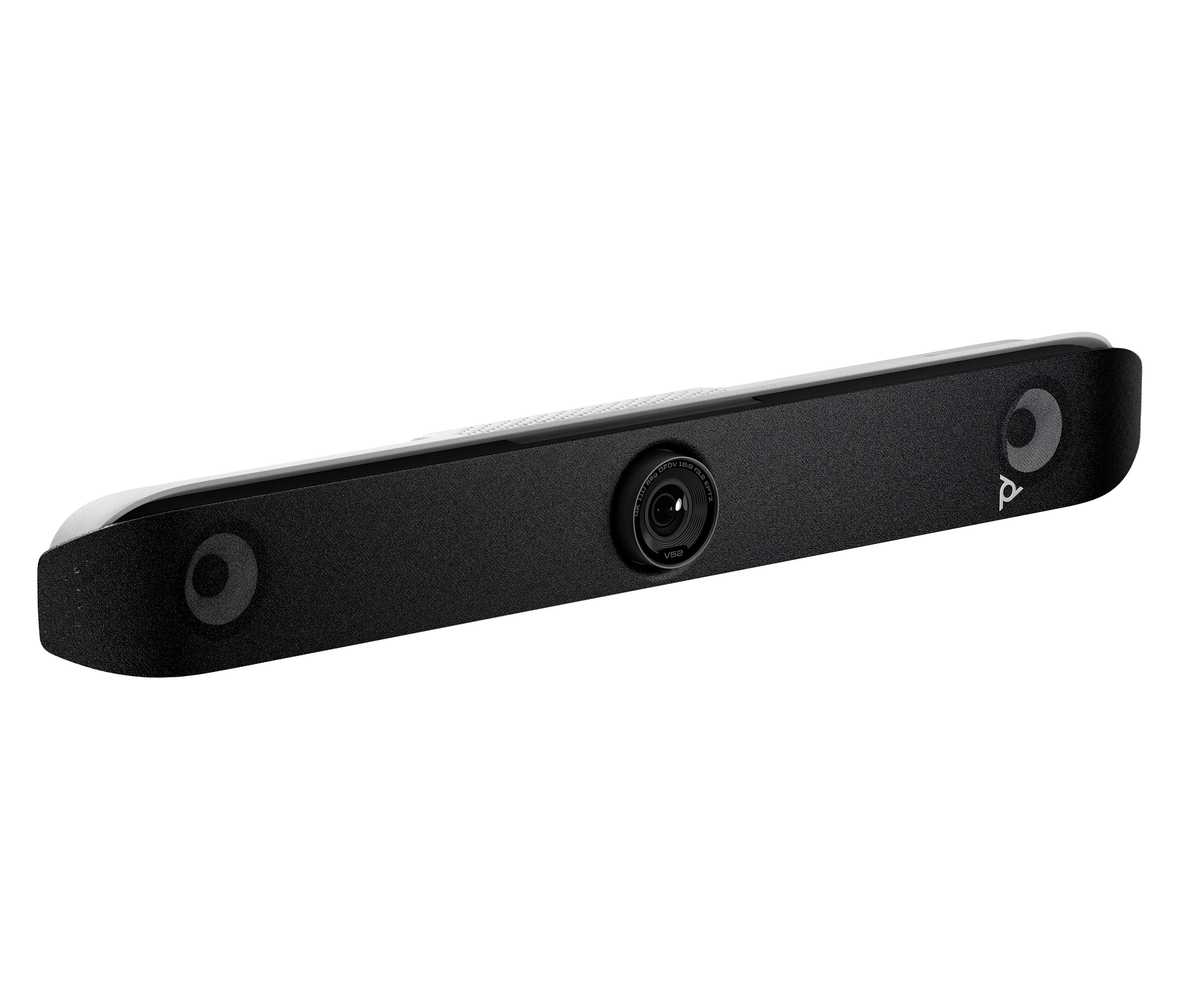 Eine schwarze Soundbar mit weißer Oberseite, zwei Lautsprechern und einer Kamera. Das Logo der Marke ist rechts.
