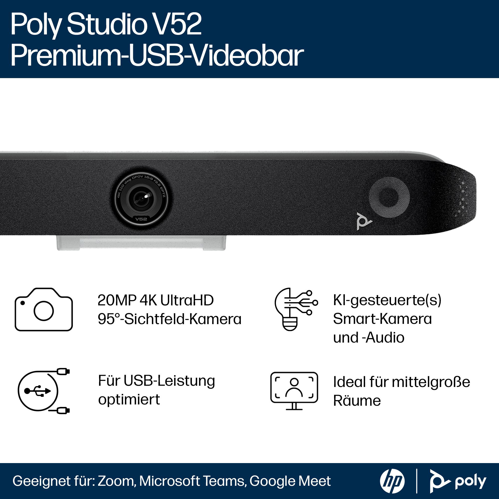 Eine schwarze Poly Studio V52 Videobar. Zu den Merkmalen gehören eine Kamera, optimiert für USB-Leistung und mittelgroße Räume.