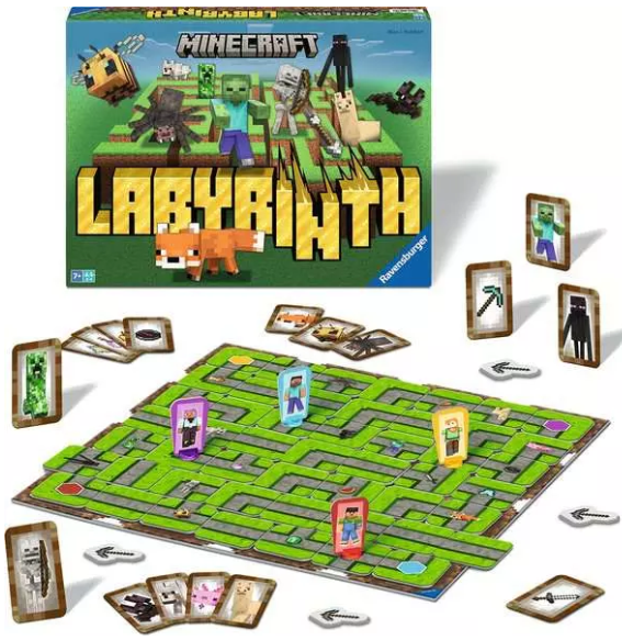 Minecraft Labyrinth Brettspiel. Die Schachtel zeigt Spielsteine. Das Brett hat ein Labyrinthmuster mit Spielfiguren und Karten.