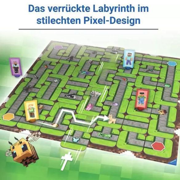 Ein Labyrinthspiel mit grünen Pfaden und grauen Blöcken. Figuren und eine Biene sind verstreut. Ein weißer Pfeil markiert einen Weg.