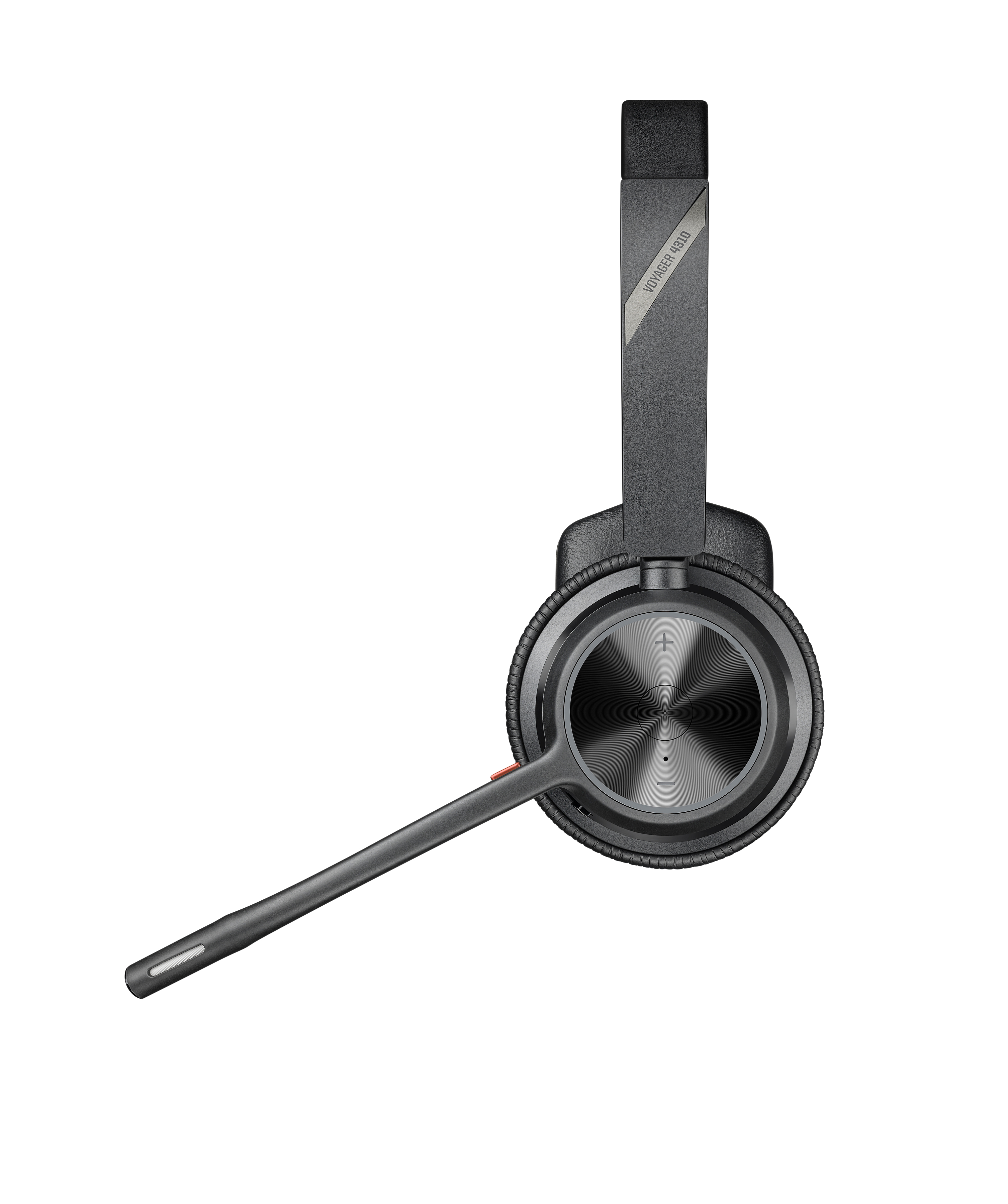 Ein dunkelgraues Voyager 4310 Headset mit Mikrofonarm, isoliert auf weißem Hintergrund.