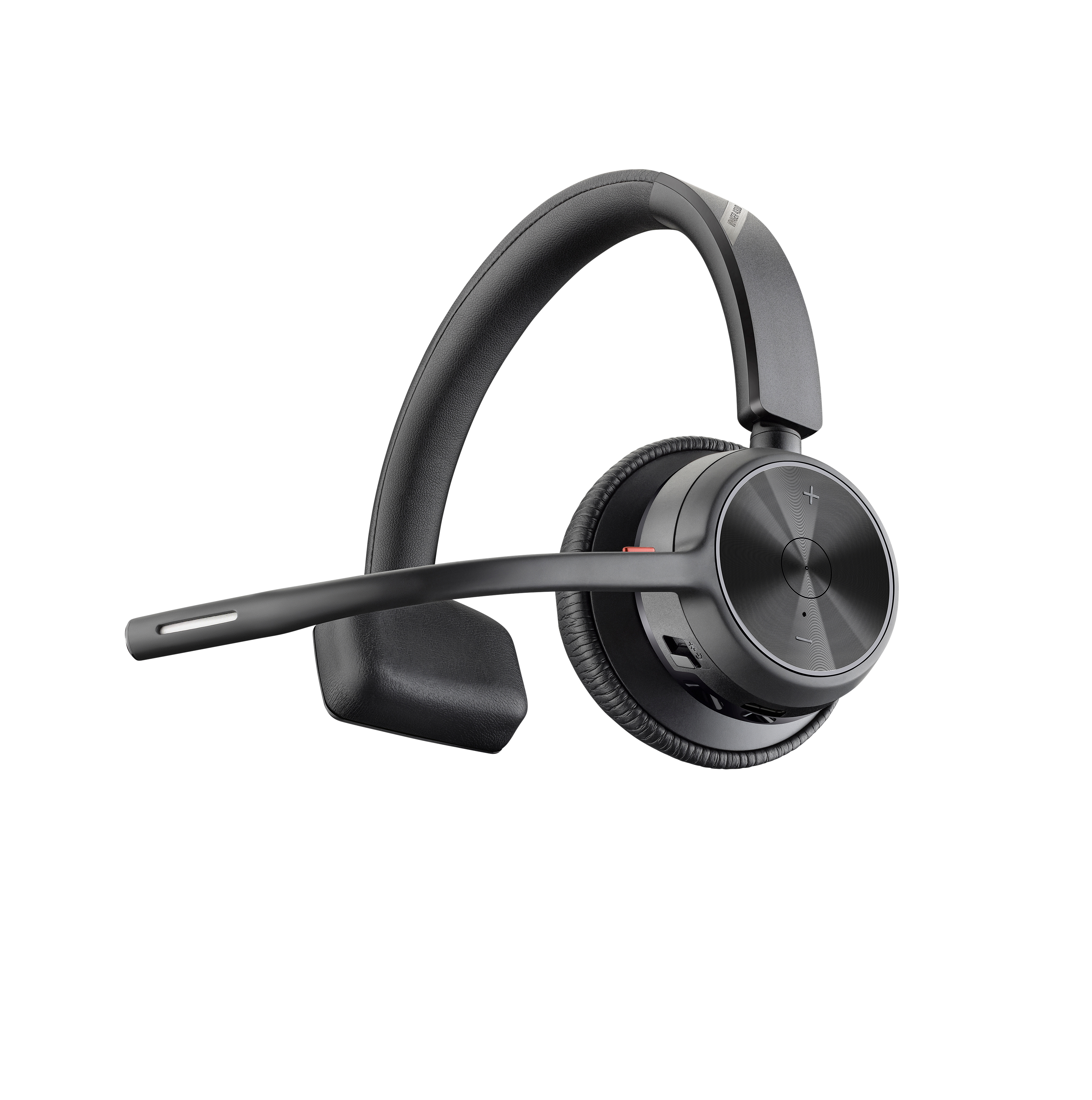 Schwarzes drahtloses Headset mit Mikrofon auf weißem Hintergrund. Es hat einen gebogenen Kopfbügel und einen runden Ohrhörer.