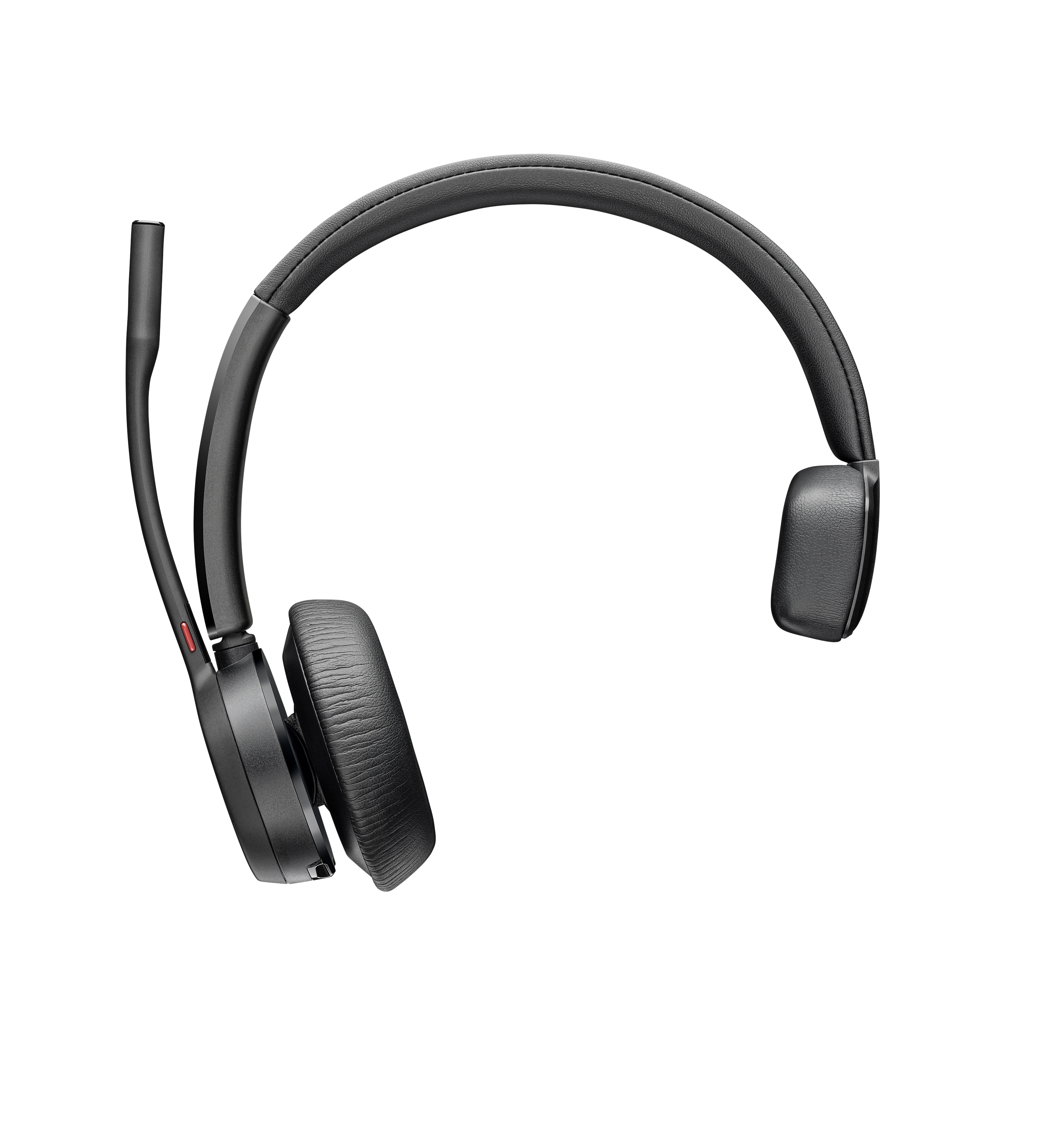 Ein schwarzes Headset mit Mikrofon. Das Headset ist Over-Ear und hat ein gepolstertes Kopfband und Ohrmuscheln, isoliert auf Weiß.