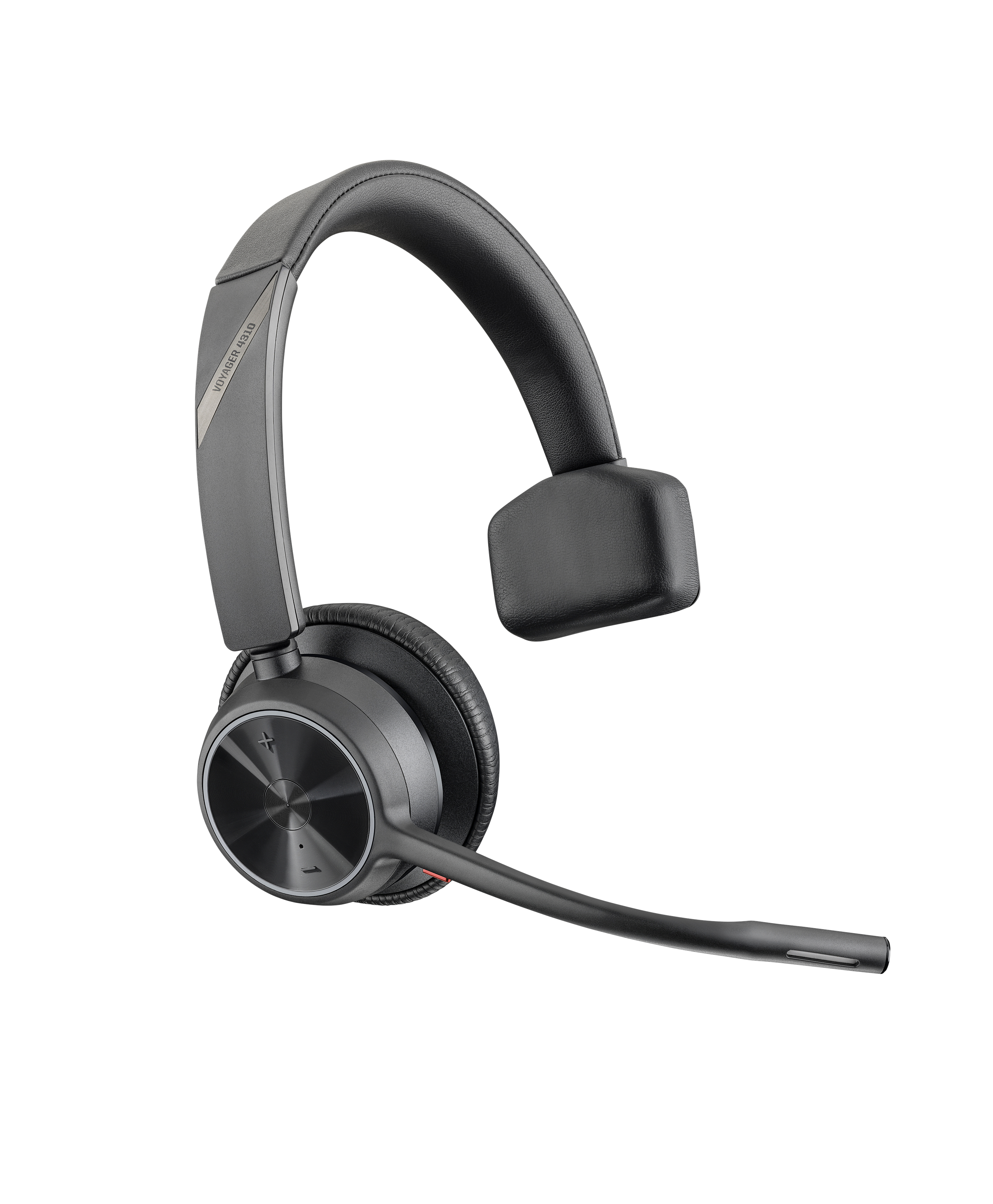 Ein schwarzes und graues drahtloses Headset mit Mikrofon und Ohrmuschel, isoliert vor weißem Hintergrund.