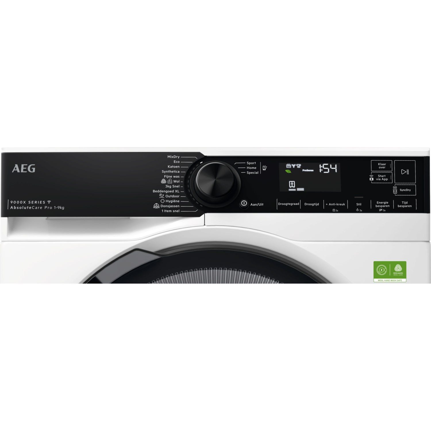 A white AEG dryer with a black control panel and digital display showing 1:54. The dial shows various drying modes.