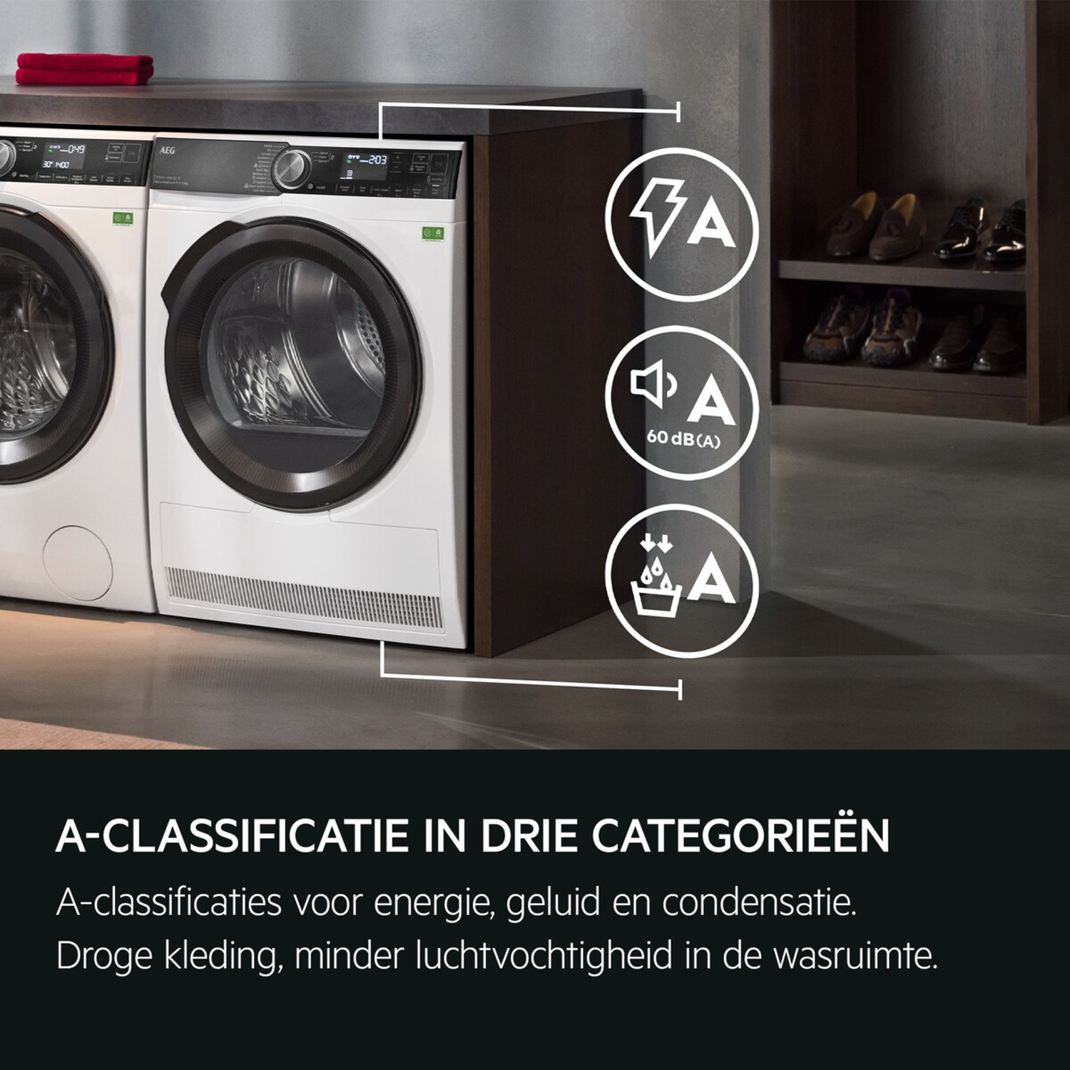 Image shows two white washing machines, energy, sound, and condensation classification symbols, and a shoe rack.