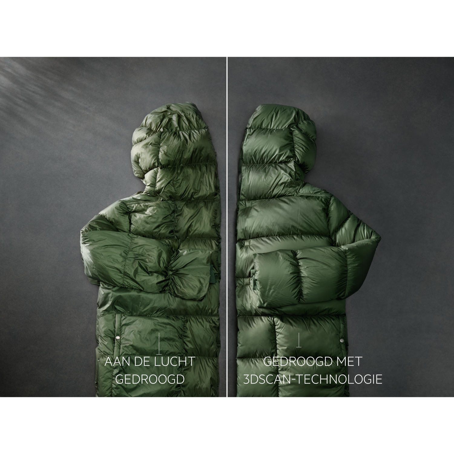 Two halves of a green puffer jacket with a hood. One half says 'AAN DE LUCHT GEDROOGD', the other 'GEDROOGD MET 3DSCAN-TECHNOLOGIE'.
