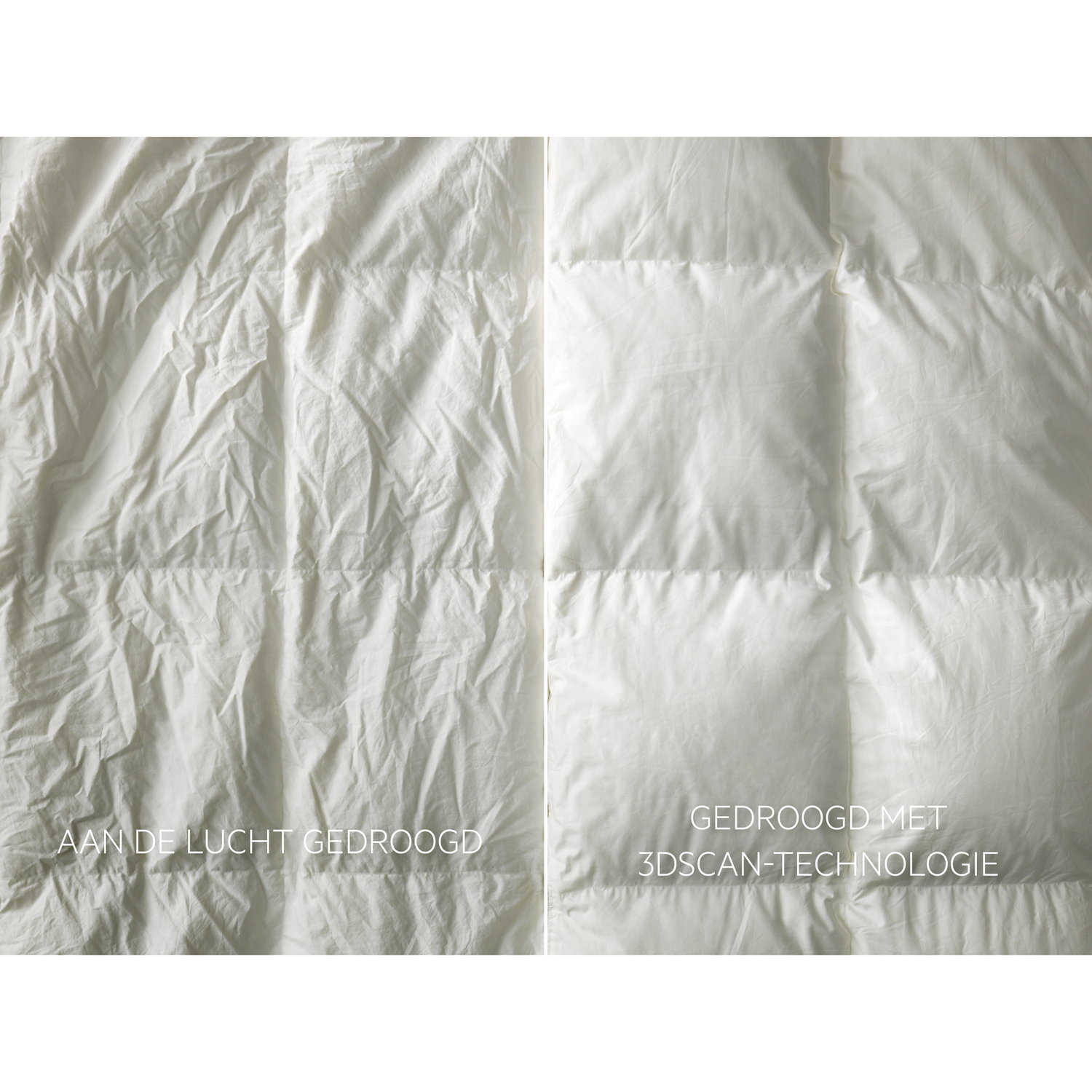 The image compares two white quilted fabrics. One is air-dried, the other 3D-scan dried. The left side is wrinkled; the right side is smooth.