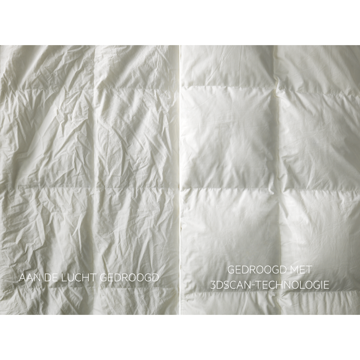 Image shows two white fabric samples. One is air-dried, another dried with 3D scan technology, with Dutch text.